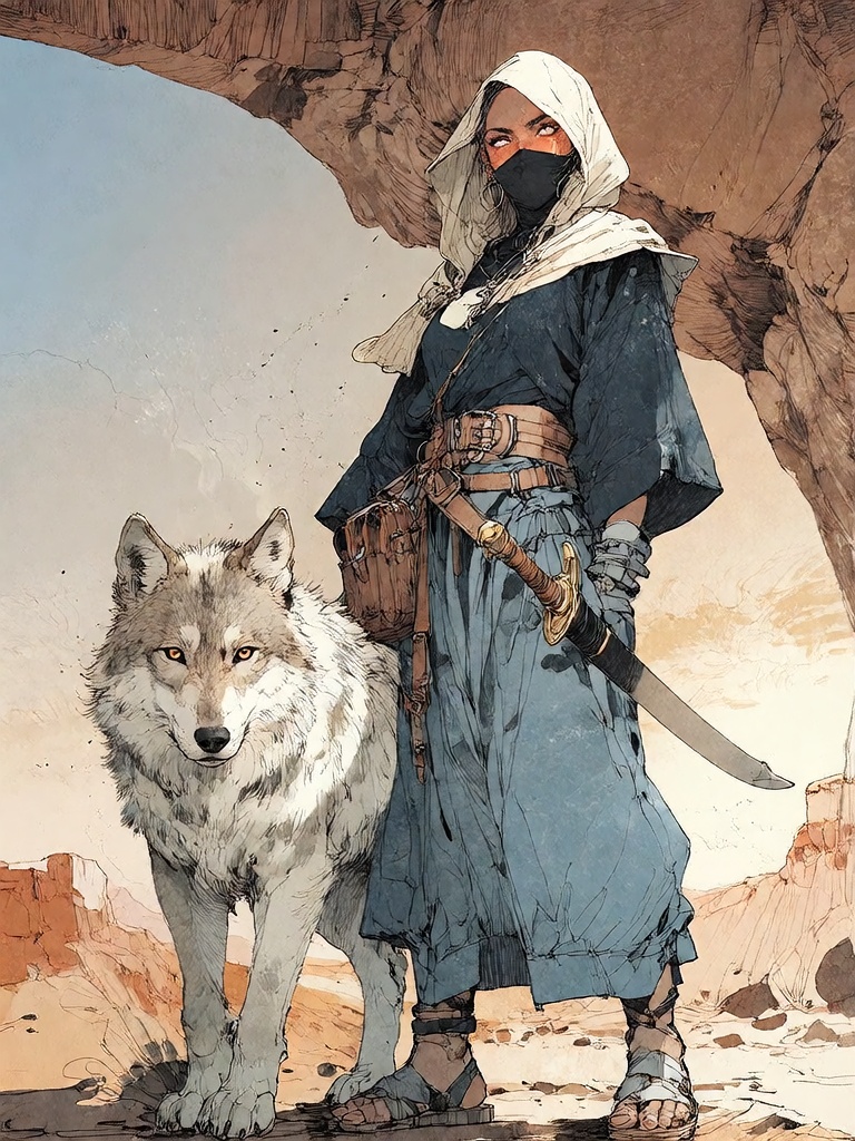 Bradhamel art style. A dark-skinned warrior with glowing orange eyes,  hooded and masked,  stands beside a large on Tensor...