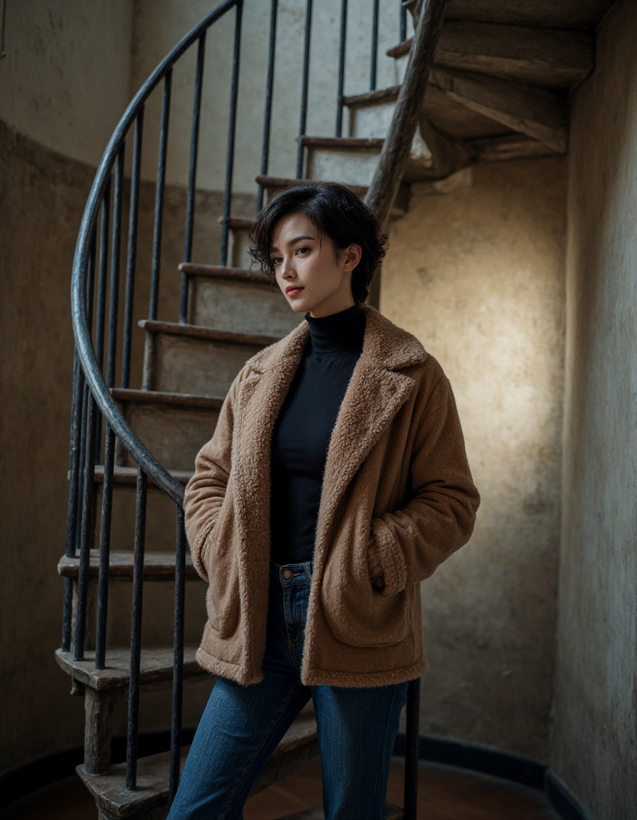 a girl with sexy pose,Short curly pixie cut,Silver,dressed in a cozy sherpa jacket over a turtleneck and skinny jeans,Spiral staircase in an old building,(intricate details masterpiece best quality),Fujichrome Provia 100F,soft light