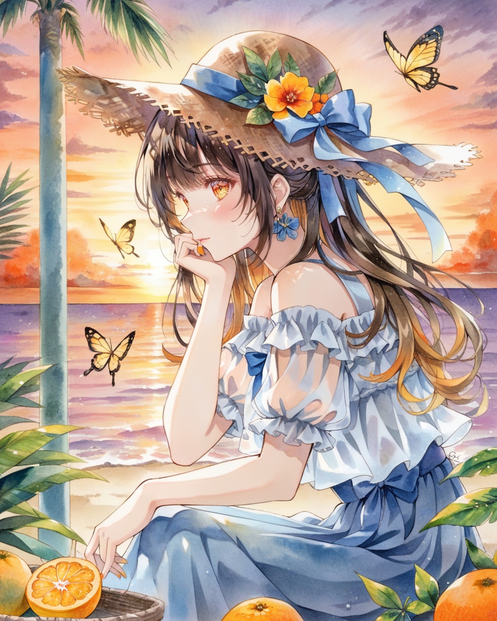 1girl, solo, hat, flower, earrings, long hair, jewelry, traditional media, fruit, short sleeves, bug, yellow flower, butterfly, leaf, painting (medium), straw hat, shirt, skirt, watercolor (medium), food, hat flower, sunset, outdoors, lemon, blue skirt, tree, bangs, ribbon, black hair, brown hair, frills, puffy sleeves, lemon slice, blue ribbon, sitting, hand up, off shoulder, profile, red flower, puffy short sleeves, blush, hat ribbon, sun hat, sky, signature, palm tree, multicolored hair, yellow butterfly, off-shoulder shirt, see-through, head rest, from side, bare shoulders, evening, water, dress, hand on own face, cloud, orange sky, brown headwear, grey shirt, gradient hair, palm leaf, closed mouth, plant, sunlight, brown eyes, orange eyes, nail polish, orange flower, orange (fruit), frilled shirt, see-through sleeves, bow, blue bow, yellow eyes, multicolored eyes