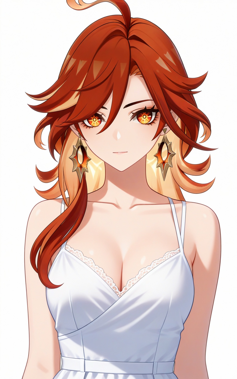 depth of field,masterpiece,best quality,very aesthetic,alternate costume,alternate costume,2024,2023,perfect composition,ultra-detailed,extreme aesthetic,masterpiece,best quality,good quality,newest,year 2024,year 2023,very aesthetic,absurdres,looking_at_viewer,colorful,white_background,simple background,upper_body,see-through,dress,<lora:玛薇卡·衣服百搭款ILL:0.8>,mavuika_(genshin_impact),ahoge,red hair,multicolored hair,two-tone hair,streaked hair,blonde hair,long hair,hair between eyes,red eyes,eyelashes,multi-colored eyes,orange eyes,symbol-shaped pupils,star-shaped pupils,makeup,earrings,