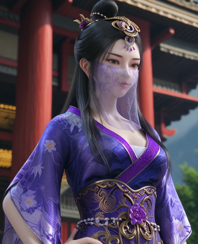 (oriental architecture, elegant decor, sophisticated style:1.1),(hand on hip:1.1),(breasts:1.2),<lora:XL16墓王之王圣女神差沐雪离:0.95>,miss muxueli,blue violet dress,mouth veil,brown eyes,black hair,long hair,single hair bun,hair ornament,hanging hair,floral print,sash,, score_9,score_8_up,score_7_up,score_6_up,score_5_up,score_4_up,3d rendering,tag1,tag2, Cinematic Lighting,backlighting,