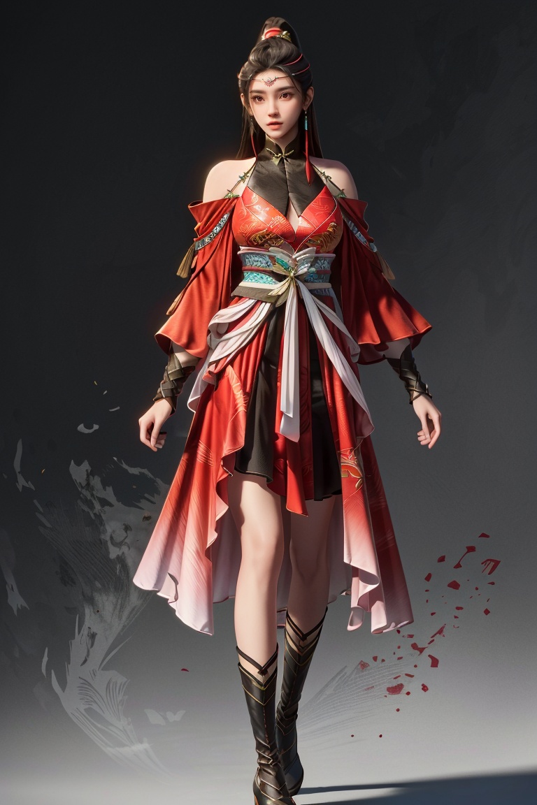 ((HRD, HUD, 8K)),((masterpiece, best quality)), highly detailed, (perfect anatomy:1.2),1girl, solo, long hair, black hair, brown hair, hair ornament, ponytail, red eyes, lips, earrings, breasts,dress, chinese clothes, bare shoulders, jewelry, boots,grey background, simple background, (full body:1.1), looking at viewer, standing, <lora:LiuQiYue_v2.0-shishu:0.85>