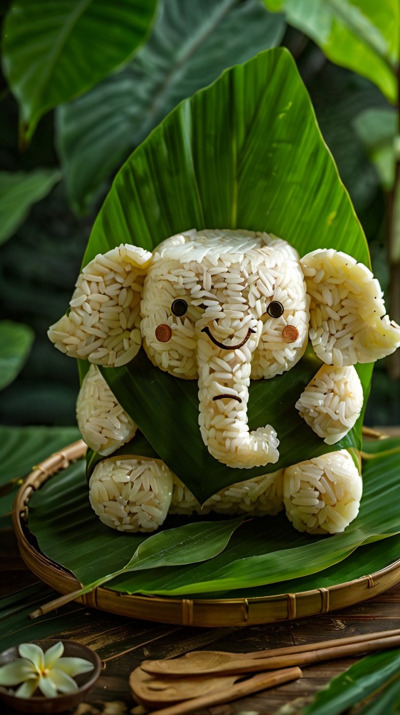 <lora:端午节——创意粽子_V1.0:0.8>,highly detailed,ultra-high resolutions,32K UHD,best quality,masterpiece,tao,chi,the painting showcases a creative and artistic representation of an elephant made out of rice. the theme revolves around nature and simplicity,with the elephant seated on a green leaf,surrounded by other green leaves. the composition is balanced,with the elephant being the focal point,and the background is filled with lush greenery,giving a serene and natural ambiance.,