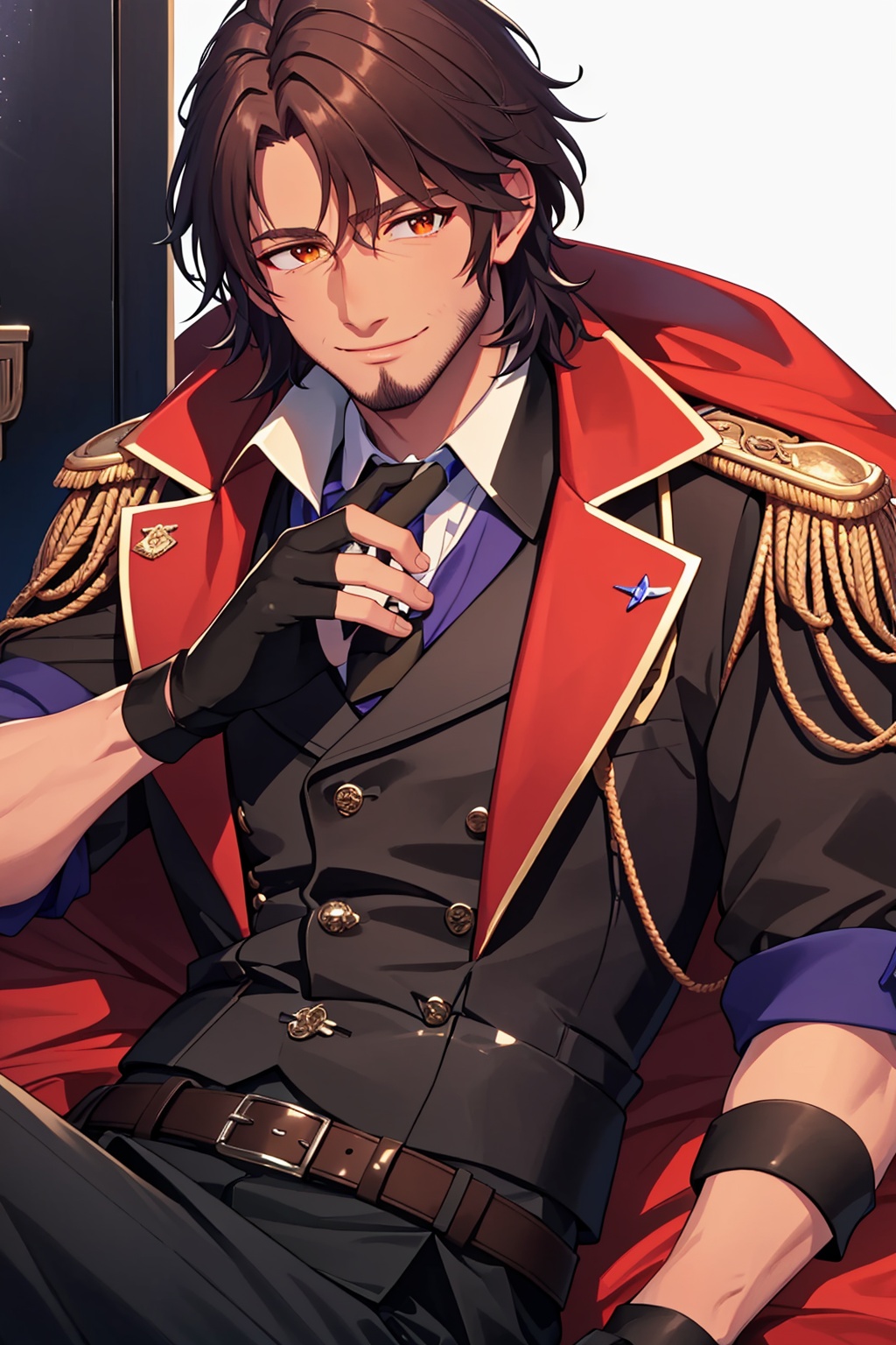 masterpiece,best quality, highly detailed, belmond banderas,male focus, solo, 1boy, black gloves, black pants, fingerless gloves, virtual youtuber, epaulettes, holding, black jacket, stubble, collared shirt, open jacket, smile, looking at viewer, short sleeves, closed mouth, sitting, red cape, brown shirt, belt buckle, white shirt, brown jacket, beard, brown belt,<lora:belmond_banderas:1>