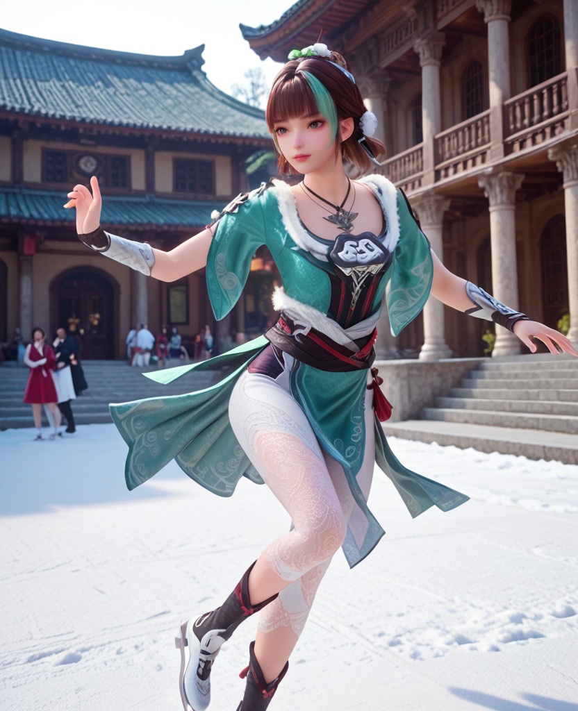 (oriental architecture, elegant decor, sophisticated style:1.1),(ice skating, spinning, jumping over camera:1.1),(breasts:1.2),<lora:XL宗门卧底苏灵儿:0.95>,miss sulinger,streaked hair,bun cover,green eyes,green topwear,bangs,pelvic curtain,necklace,brown hair,wrist guards,sash,stretch cropped pants,fart curtain,fur trim,, score_9,score_8_up,score_7_up,score_6_up,score_5_up,score_4_up,3d rendering,tag1,tag2, Cinematic Lighting,backlighting,