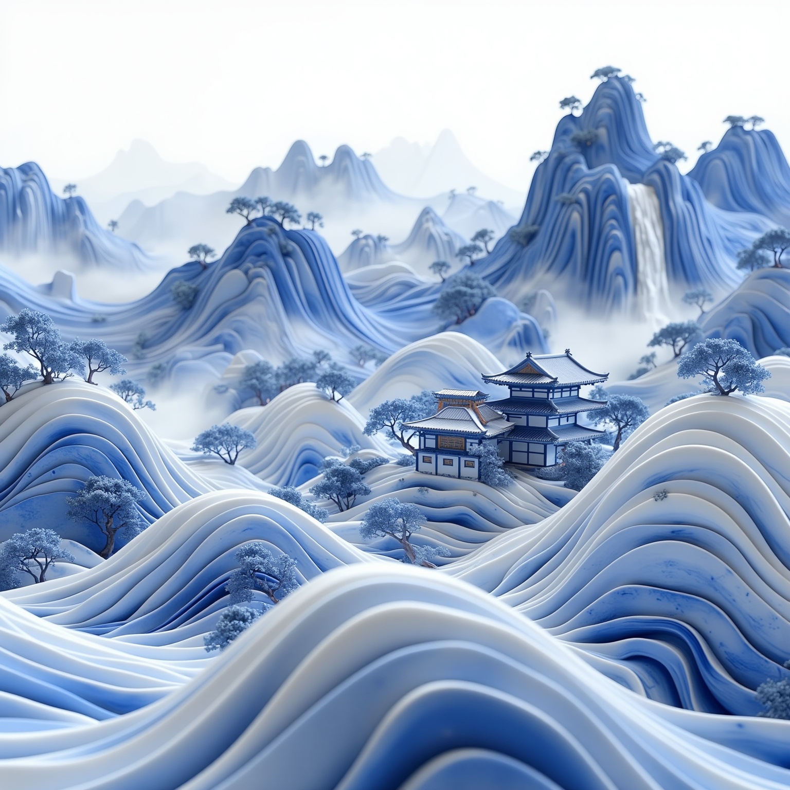 <lora:YY青花瓷F.1:1>,blue and white porcelain style,The illustration is highly detailed and realistic,with a smooth,glossy texture,The image is a highly detailed digital artwork depicting a serene landscape scene with a surreal,almost dreamlike quality. The predominant color palette is a serene blend of whites and blues,with the sky and distant mountains appearing as a soft white,while the foreground features rolling hills and ridges that gradually shift to a deep blue hue. The scene is dominated by undulating,wave-like patterns that create a sense of motion and fluidity,mimicking the gentle flow of water or wind across the terrain.,In the mid-ground,a cluster of traditional Japanese-style buildings,painted in the same blue tones,stands out against the landscape. These structures appear to be small,delicate,and nestled among the hills,with a sense of tranquility and harmony. The texture of the hills is smooth and polished,suggesting a polished marble or ceramic material,adding a touch of sophistication to the scene.,In the background,a distant waterfall cascades down the side of a mountain,its delicate,blue-tinged mist adding to the ethereal atmosphere. The overall effect is a harmonious blend of natural and man-made elements,with a meticulous attention to detail and a sense of calmness that evokes a meditative state.,