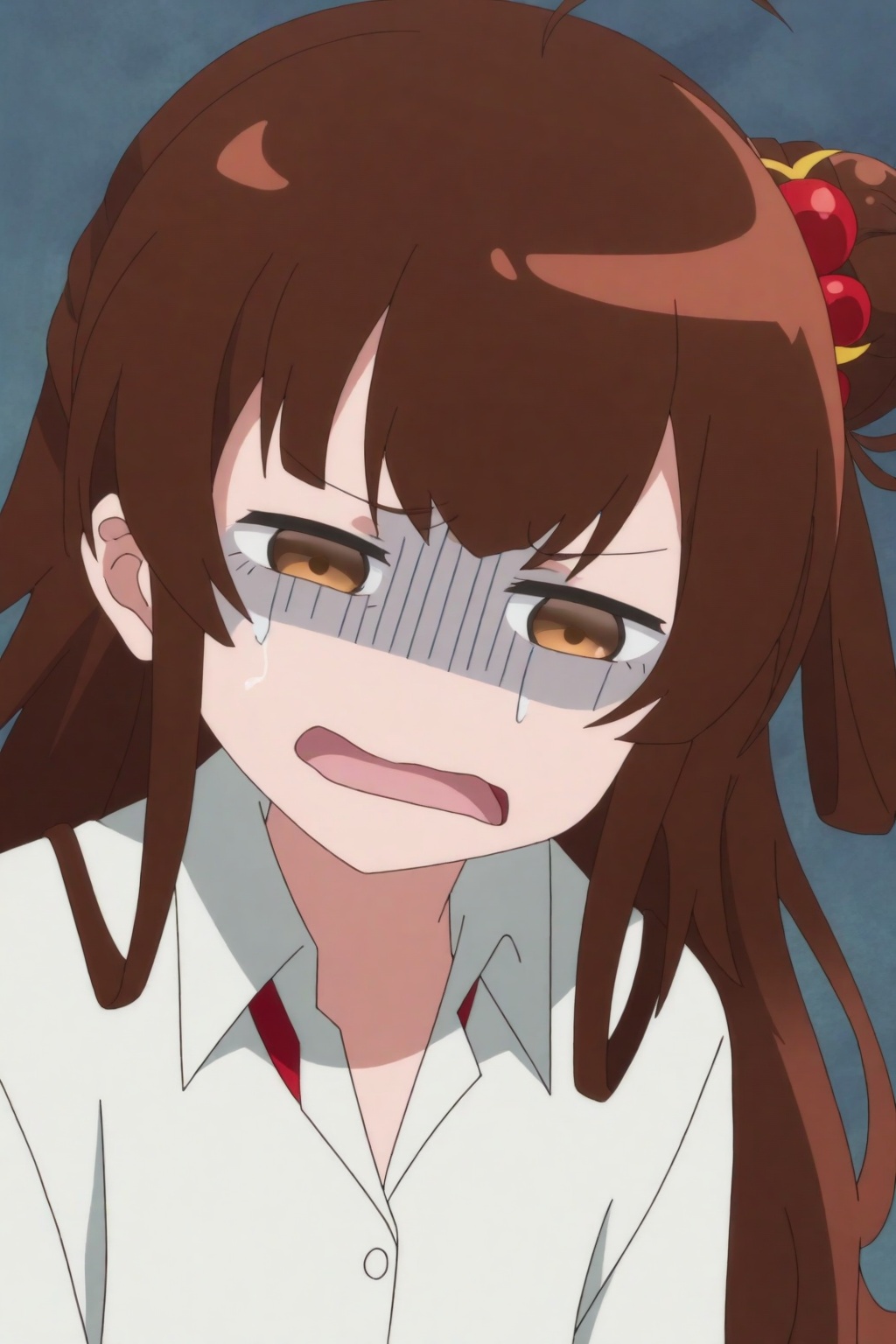 Megu Razuberī,Megu Razuberī, 1girl, brown hair, solo, hair bun, open mouth, long hair, hair ornament, brown eyes, shirt, white shirt, collared shirt, gloom (expression)