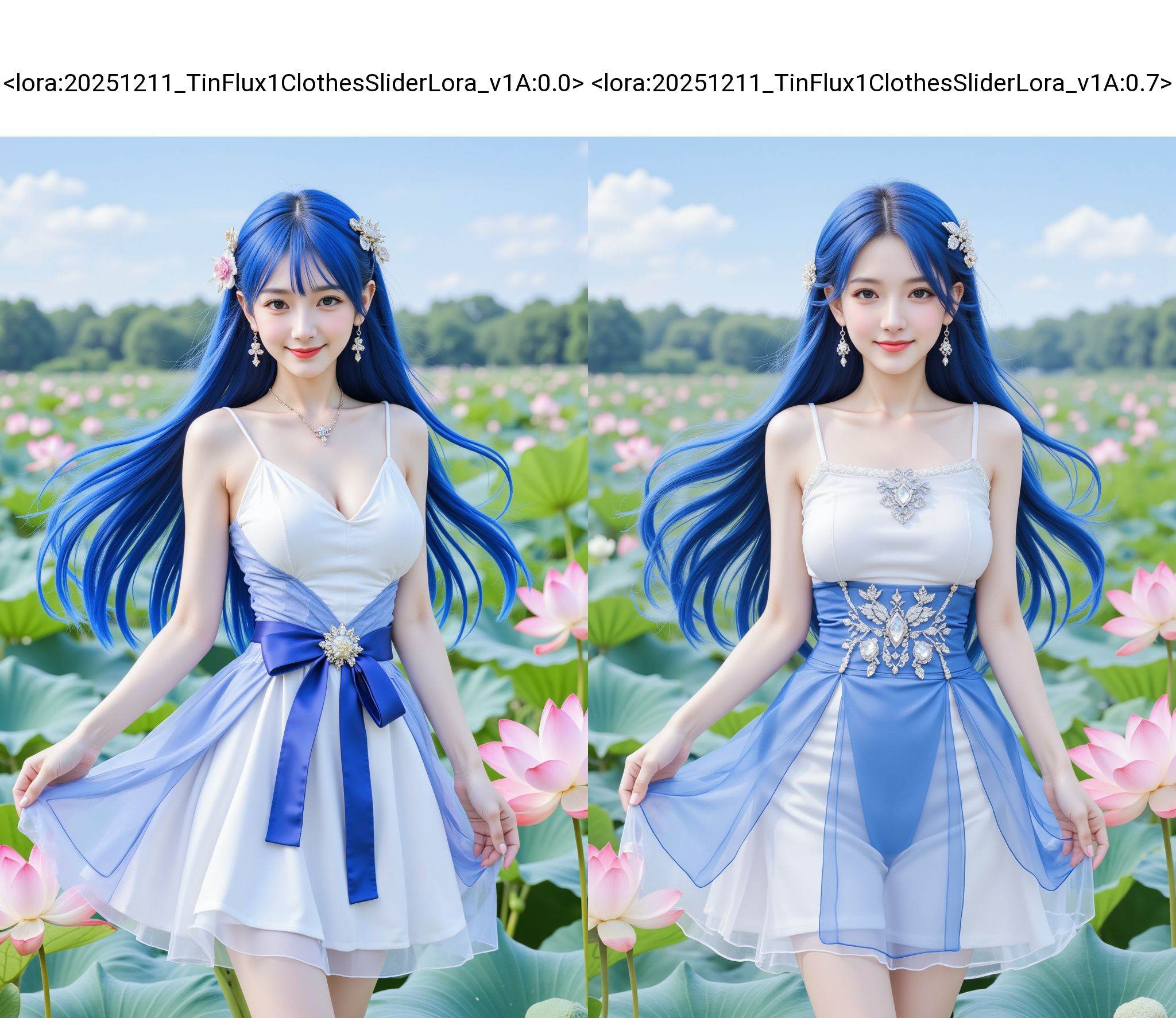 1girl,jewelry,lotus,solo,flower,long hair,hair ornament,blue and white dress,smirk,earrings,blue hair,sheer pleated skirt,outdoors, <lora:20251211_TinFlux1ClothesSliderLora_v1A:0.0>