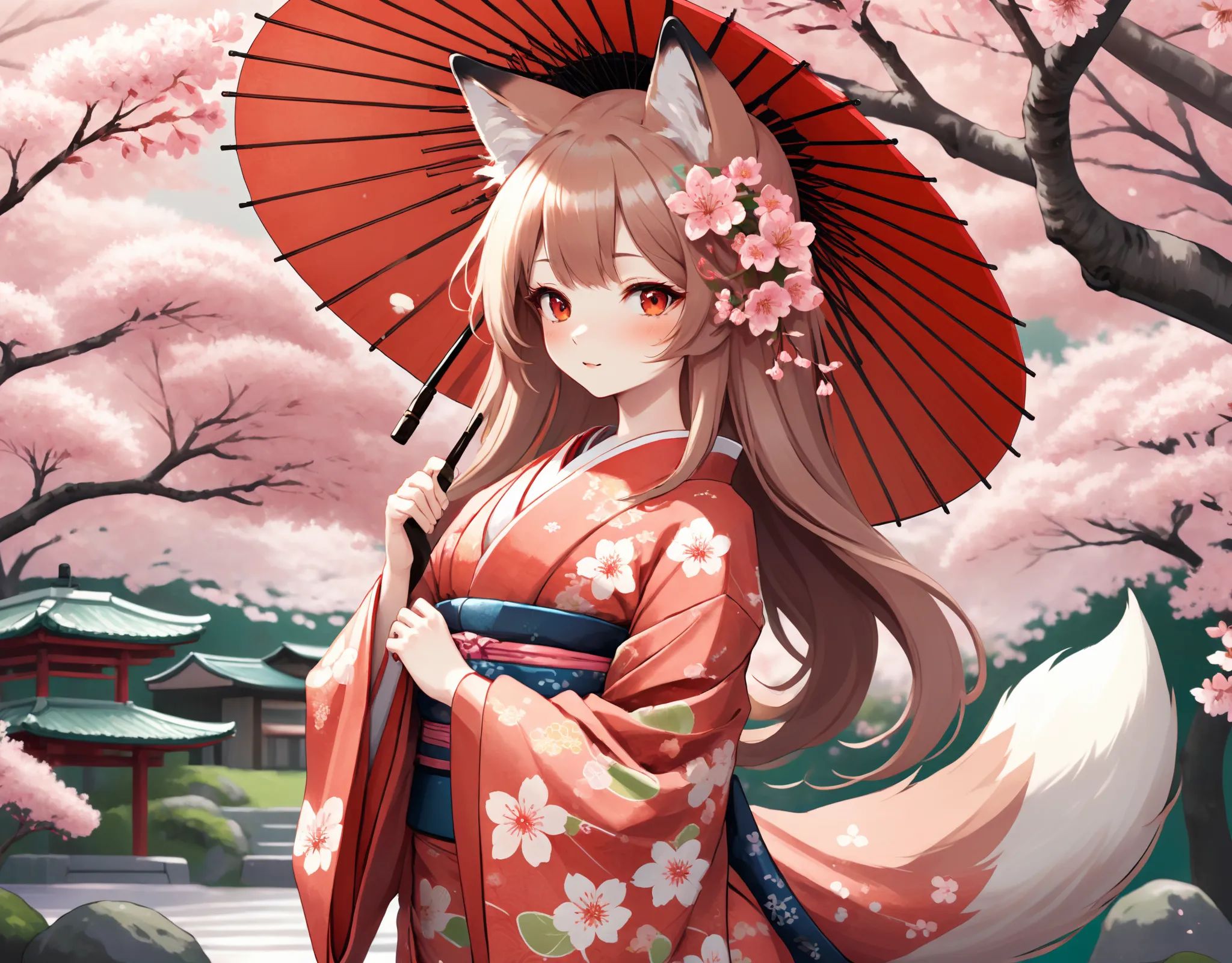 Illustration of a fox girl wearing a traditional Japanese kimono,  with a detailed floral pattern and vibrant colors. Her...