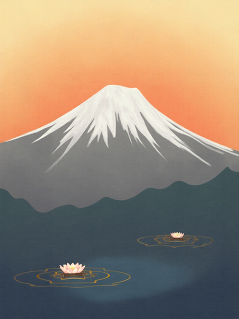 dunhuanghua,This is a digital painting in the style of Dunhuang murals. The artwork depicts the magnificent scenery of Mount Fuji at sunrise. The background features a pale orange sky gradually transitioning to dark blue,simulating the light of dawn. Mount Fuji is rendered in white and light gray,with snow covering its peak and a tranquil lake at its foot. A few lotus flowers float on the lake surface,creating a beautiful contrast with the distant Mount Fuji.,
