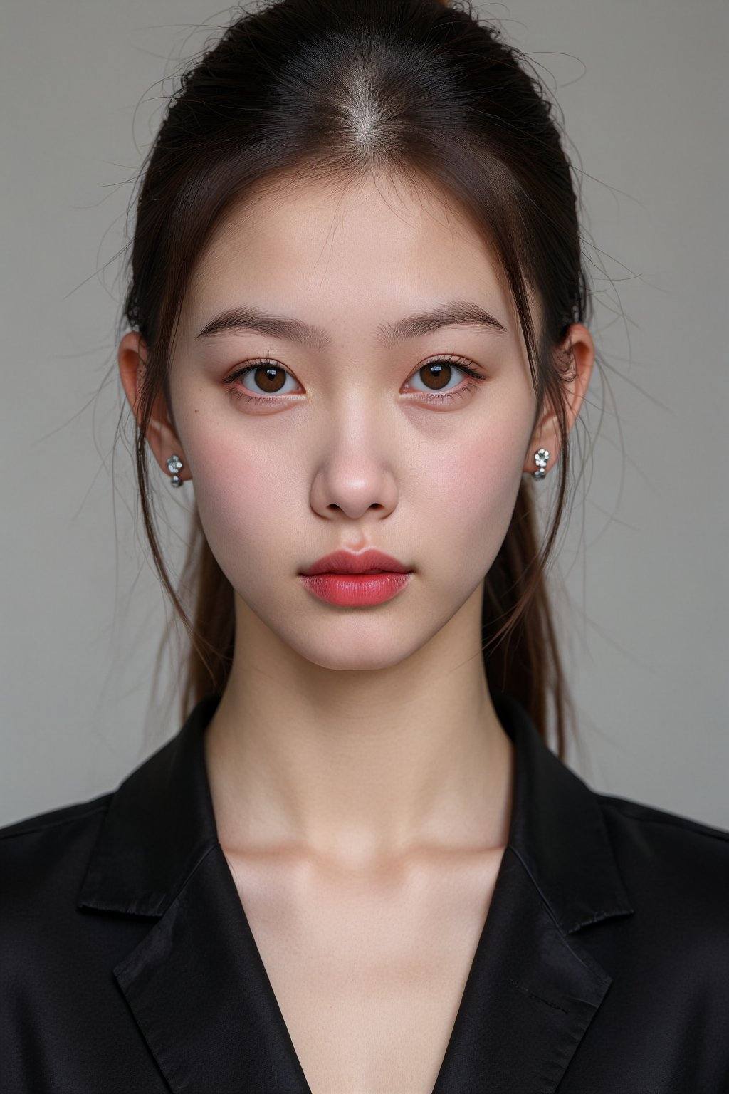 Photograph of a young Asian woman with fair skin and straight,  dark brown hair tied back in a sleek ponytail. She has a d...