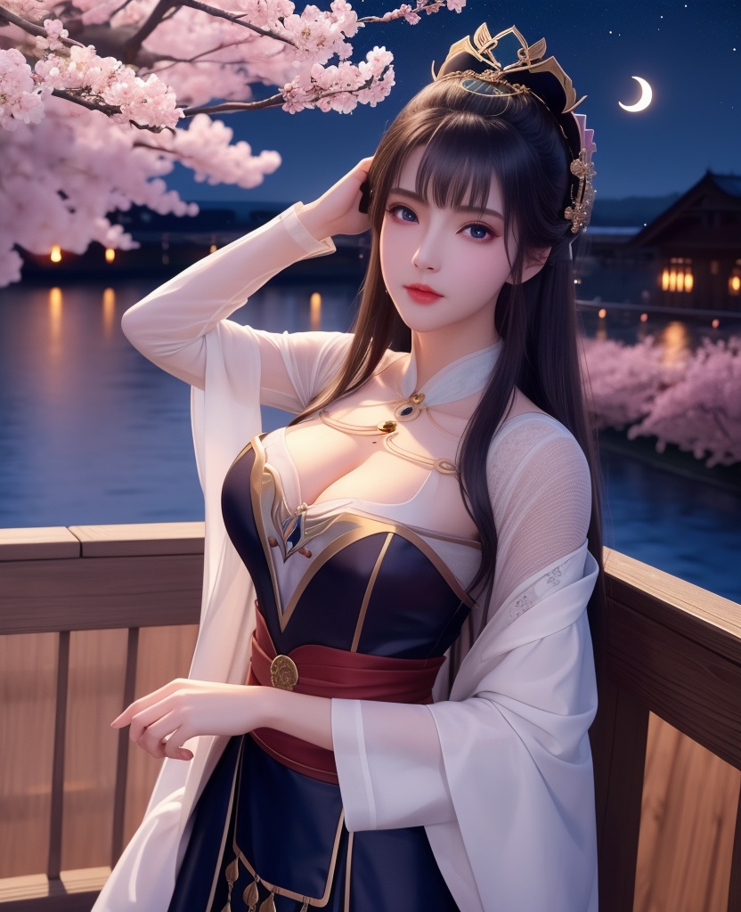 <lora:638-DA-暗河传-白鹤淮-妇人:0.8>(,1girl, ,best quality, ),looking at viewer,masterpiece,(( , )),, realistic,science fiction,mole,,ultra realistic 8k cg,     ,cherry blossoms,,night, night sky, crescent moon, moonlight,,(facing viewer, looking at viewer, , ),  (cleavage), (),