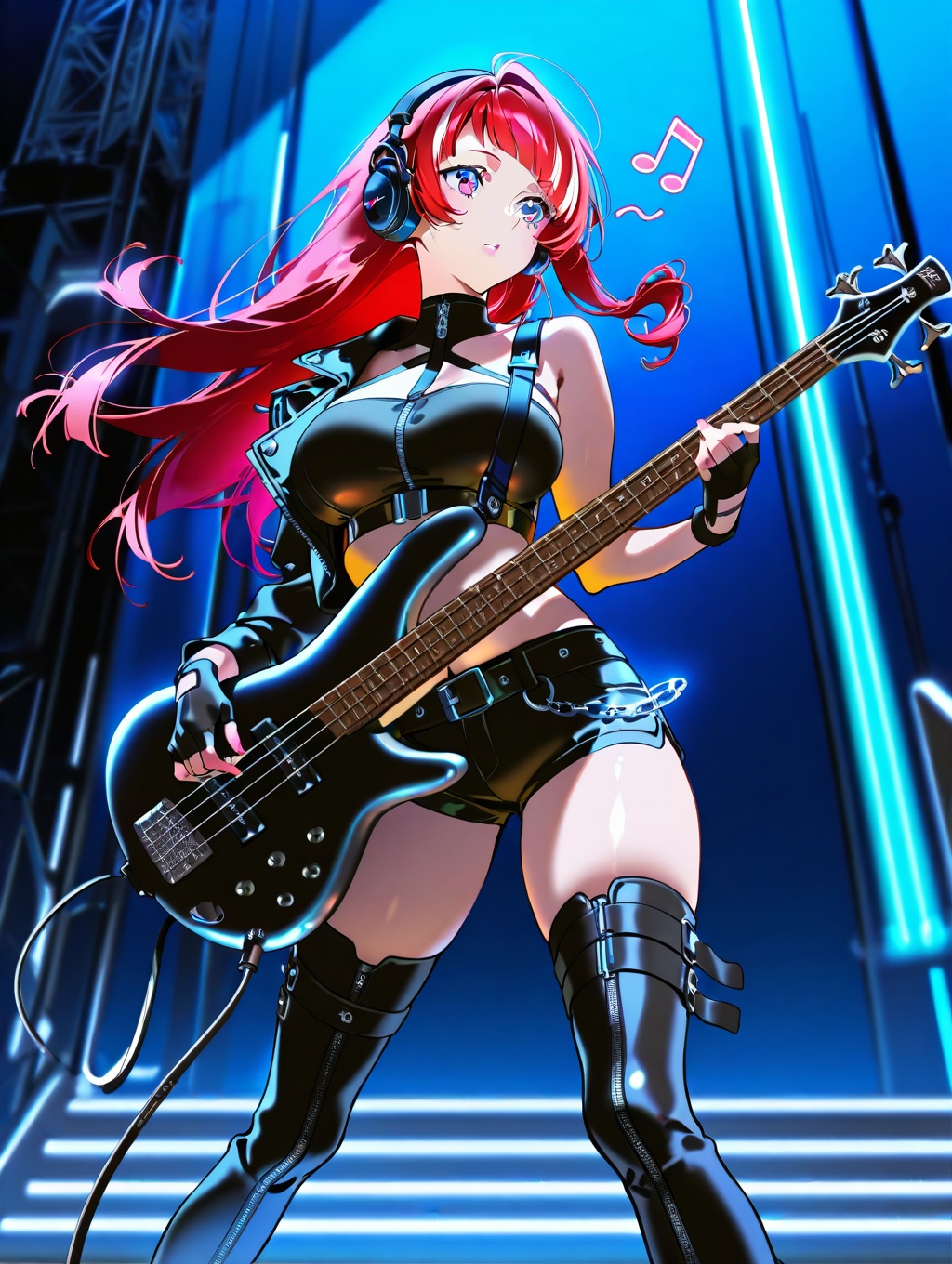 (1woman playing bass guitar),solo,standing,dynamic pose,beautiful eyes,large breasts,streaked long hair,centre parting bangs,thighhighs,gloves,short shorts,black shorts,black thighhighs boots,large breasts,belt,fingerless gloves,leather single bare shoulder top,midriff,black gloves,lovestruck,headphone,thighboots,swirling musical notes,cyberpunk stage,textures,detailed texture,very detailed face,masterpiece,best quality,good quality,very aesthetic,newest,artist:yoneyama mai,<lora:SR300E X20A3:1>,