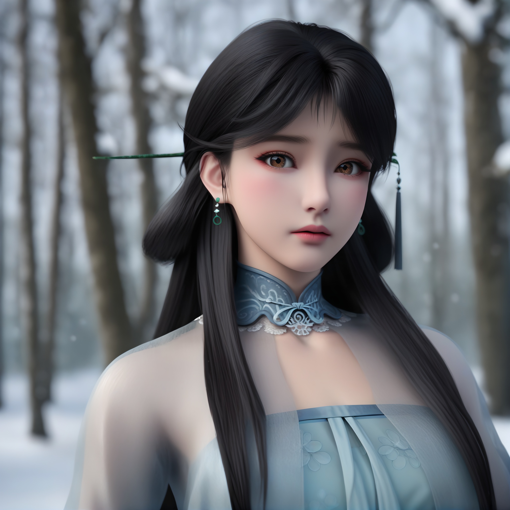 (score_9),collarbone,(narrow waist),(glamor:1.2),slender,<lora:钟秀pony-v2:0.83>,1girl,solo,zhongxiu,long hair,black hair,hairpin,tassel,dangling earrings,brown eyes,black_pupils,light blush,looking at viewer,(front view),upper body,BREAKin snow,Tyndall effect,available light,depth of field,tree,snowflakes,branch,twig,4K ultra HD,sharp focus,high detail,natural lighting,high contrast,<lora:皮肤凹痕:0.35>,<lora:e肤色滑块:0.35>,