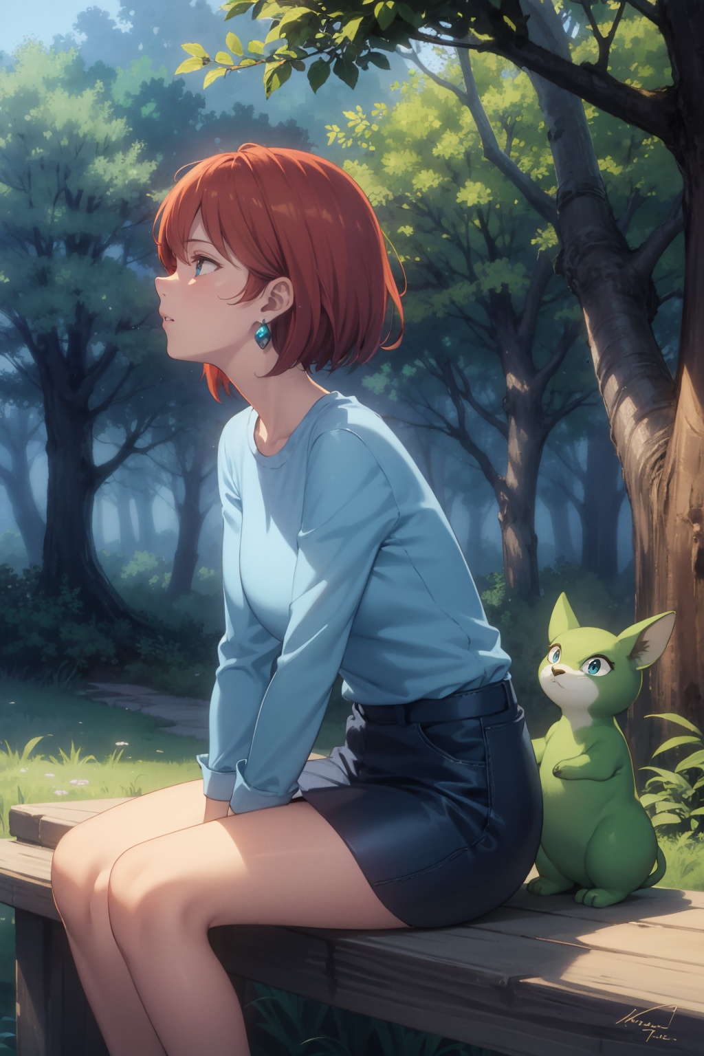 masterpiece, best quality,detailed_background,outdoors,forest,outdoors,short hair,sitting,absurdres,earrings,concept art,light particles,shirt,profile,blue shirt,animal,fantasy,chromartist,ohmu,nature,nausicaa,kaze no tani no nausicaa,night,1girl,red hair,studio ghibli,plant,bug,tree,jewelry
