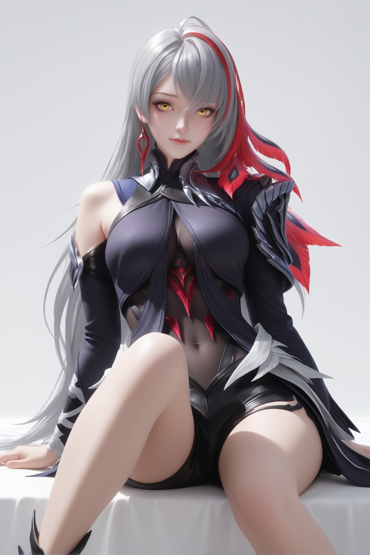 masterpiece,best quality,realistic,cinematic,detail eyes,(ultra-detailed),perfect composition,intricate details,absurdres,detailed face,high quality,high res,8K,<lora:X_ying_IL3.0:0.8>,grey hair,yellow eyes,multicolored hair,streaked hair,shorts,single thighhigh,1girl,long hair,breast,medium breast,hair_ornament,dress,bare_legs,sitting,simple background,white_background,looking_at_viewer,