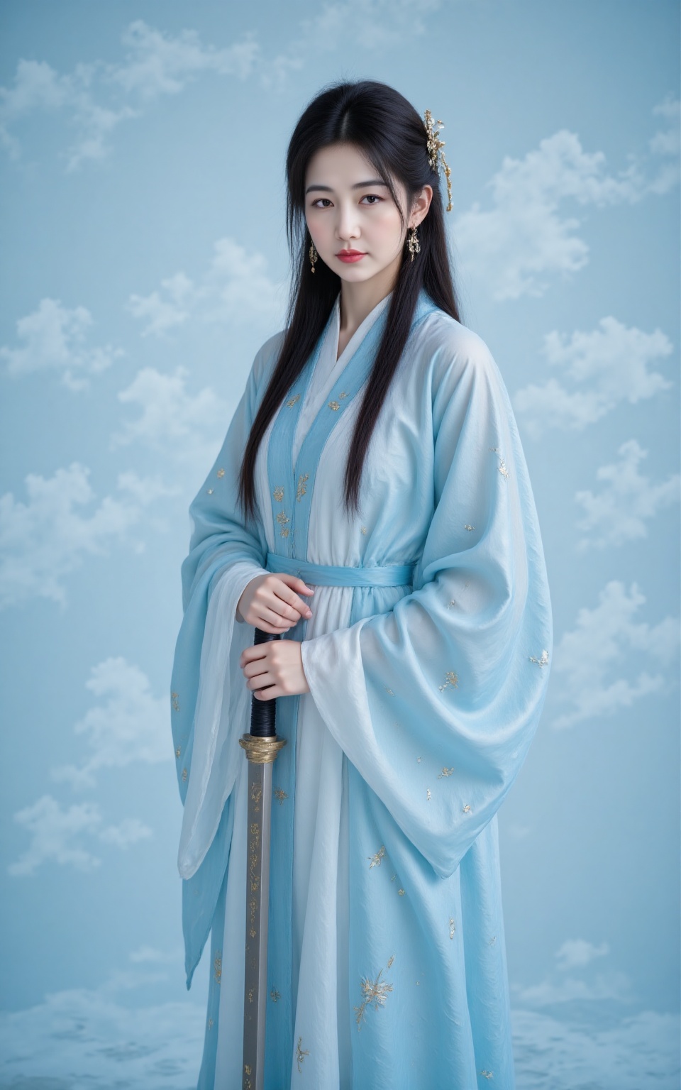 RUNYAN, RUNYAN A photograph of an Asian woman with fair skin and long black hair adorned with gold hairpins, wearing a light blue traditional Chinese qipao with intricate embroidery. She holds a sword with golden calligraphy. The background is a soft blue gradient, creating a serene atmosphere. 