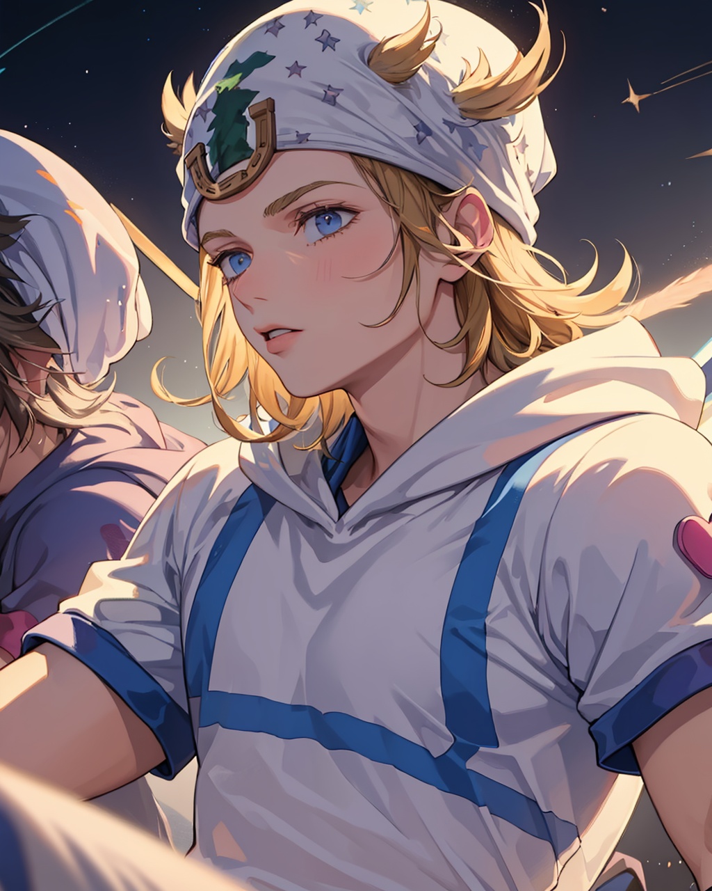 masterpiece,best quality, highly detailed, johnny joestar,solo, 1boy, hat, male focus, hoodie, star (symbol), wristband, feathers,<lora:johnny_joestar:1>