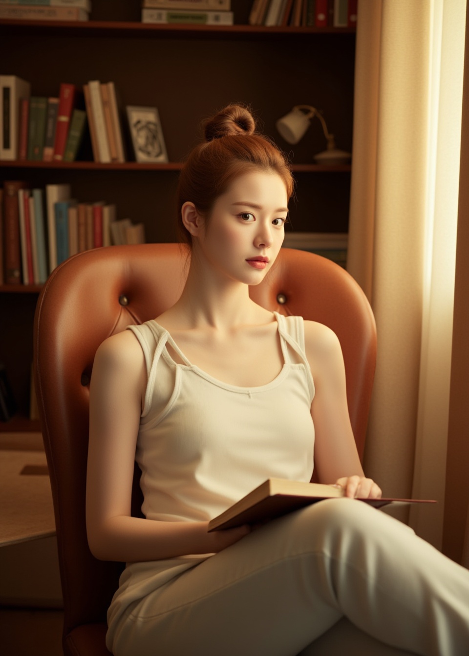 Create a picture of literary and artistic life style, focusing on the characteristics of the characters: bun, white vest, light-colored jeans, sitting posture (hands holding hair, legs crossed), holding a book, and using indoor wooden bookshelves, leisure chairs and warm yellow light and shadow to highlight the delicate texture and leisurely atmosphere of literary and artistic life.