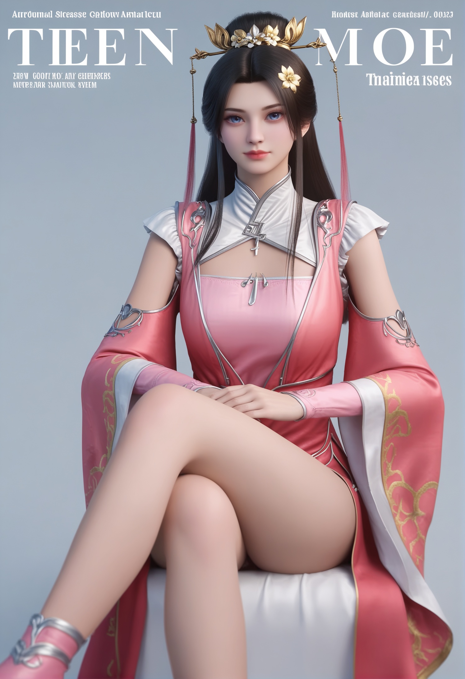 score_9,score_8_up,score_7_up,1girl,solo,realistic,sitting,(crossed_legs:1.4),cowboy_shot,upper_body,(looking at viewer:1.1),1girl,solo,realistic,dress,china dress,chinese clothes,white dress,red dress,wide sleeves,pink footwear,pink dress,shoulder cutout,clothing cutout,detached sleeves,long sleeves,1girl,solo,realistic,jewelry,hair ornament,hair flower,1girl,solo,realistic,mature face,big eye,pale_skin,shiny_skin,slender face,long hair,brown hair,black hair,hair bun,blue eyes,lips,closed mouth,realistic,(solid background:1.2),simple background,(magazine cover theme:1.15),<lora:小巳-孙若南pony:0.85>,