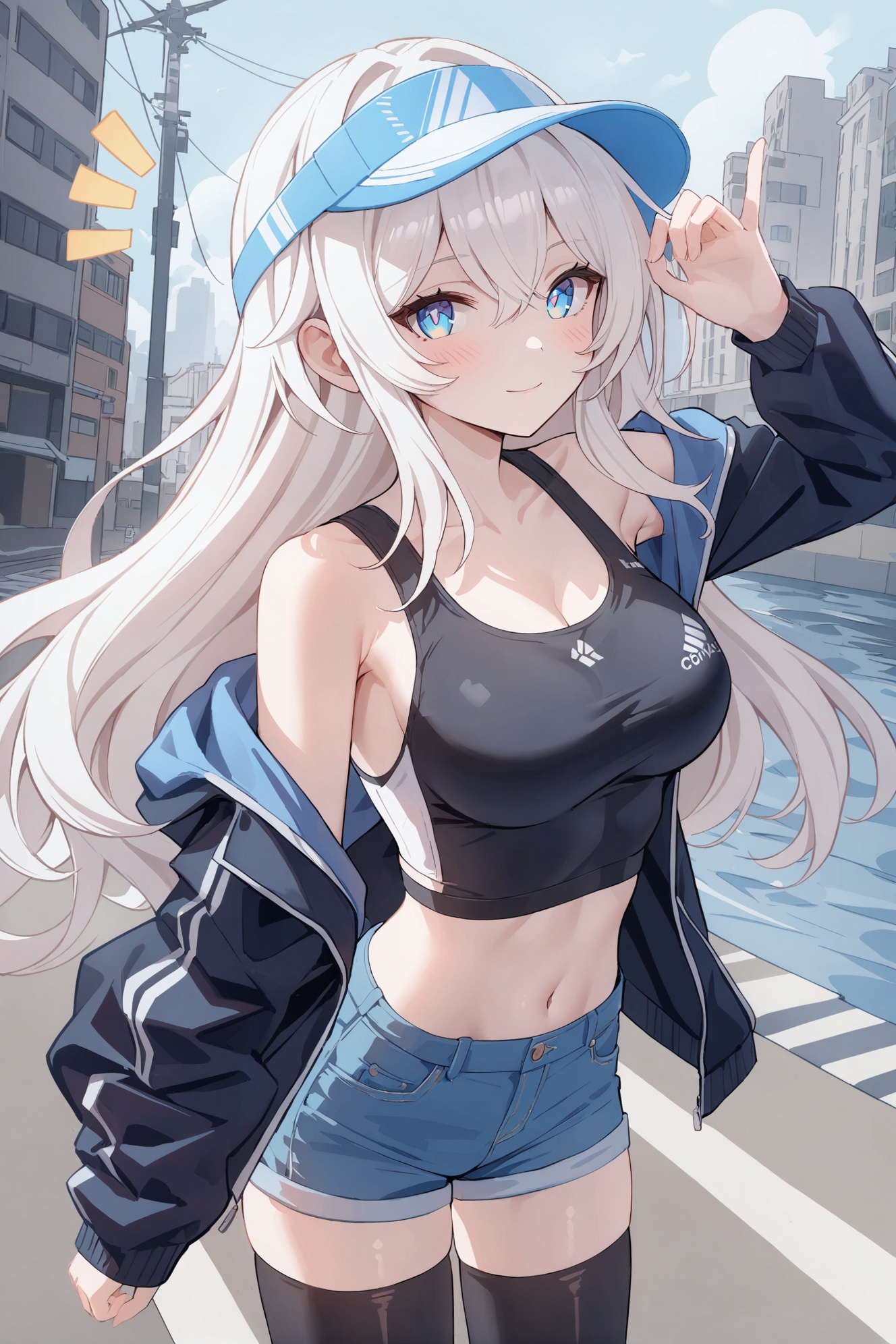 line art,line style,street,river,cityscape,1girl,solo,blue eyes,white hair,long hair,hair between eyes,medium breasts,midriff,open jacket,sportswear,denim shorts,visor cap,sunglasses,black thighhighs,light blush,looking at viewer,light smile,notice line,hand up,pov,close-up,dutch angle,masterpiece,bestquality,