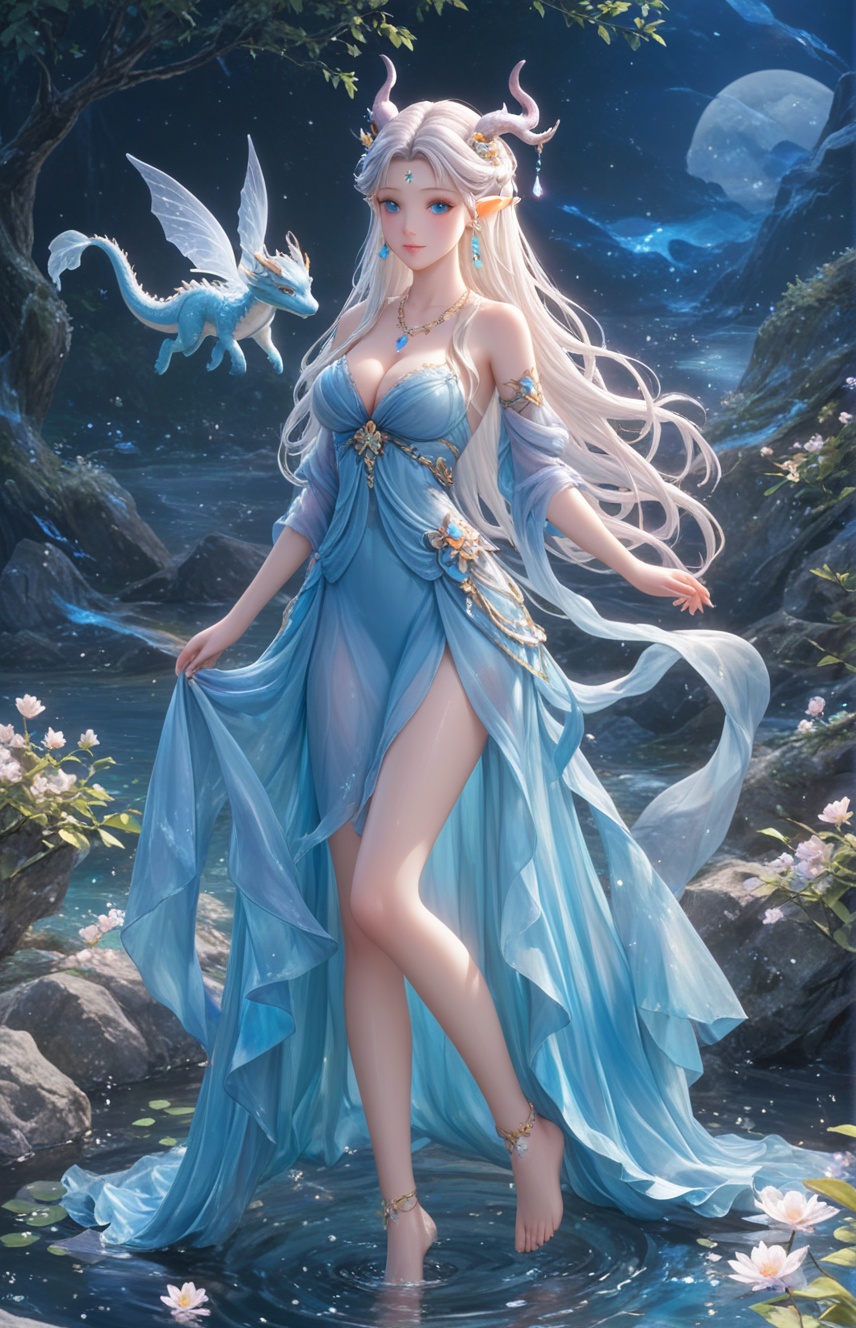 Score_9,Score_8_up,score_7 up,Depth,1girl, solo, breasts, long hair, barefoot, long hair, jewelry, forehead mark, necklace, blue eyes, hair ornament, earrings, looking at viewer, dress, bare shoulders, facial mark, cleavage, bare legs, pointy ears, full body,expressiveh,<lora:Expressive_H:0.9>,, Magic,Magic Games,Goddess Alliance,Western mythology,godness,Fairy girl in the wind, colorful eyes, long eyelashes, dancing in a light blue dress, purple hair, dragon horns at the head, tall and thin girl, blue dragon wrapped around the girl's shoulders, walking in the water, singing beautifully, stars falling to the bottom of the lake, waves wrapped around the dragon's tail, water droplets suspended, the stars of last night and the wind of last night, Crystal Qionglou and Dragon Palace coiled in their hands, withered, fell into the lake, and a little firefly glowed. <lora:20230919-1695115856496-0005:0.41> <lora:add-detail-xl:1>white hair, longhair, messy hair, blue eye,extremely delicate and,beautiful, water, ((beauty,detailed eye)), highly,detailed, cinematic,lighting, ((beautiful face),fine water surface, (original,figure painting), ultra-detailed, incredibly,Game character design,mythology,goddess,immortal,fantasy,bang,(long hair:1.1),beautiful girl,beautiful eyes,beautiful face,3sss skin,Soft illumination,ssr,intricate details, <lora:古风动漫美女XL_古风动漫美女XL_v1.0:0.31>  <lora:dragon_小龙女_水晶神龙1.0_v1.0:0.31> <lora:国风插画SDXL:0.4>, masterpiece, best quality,