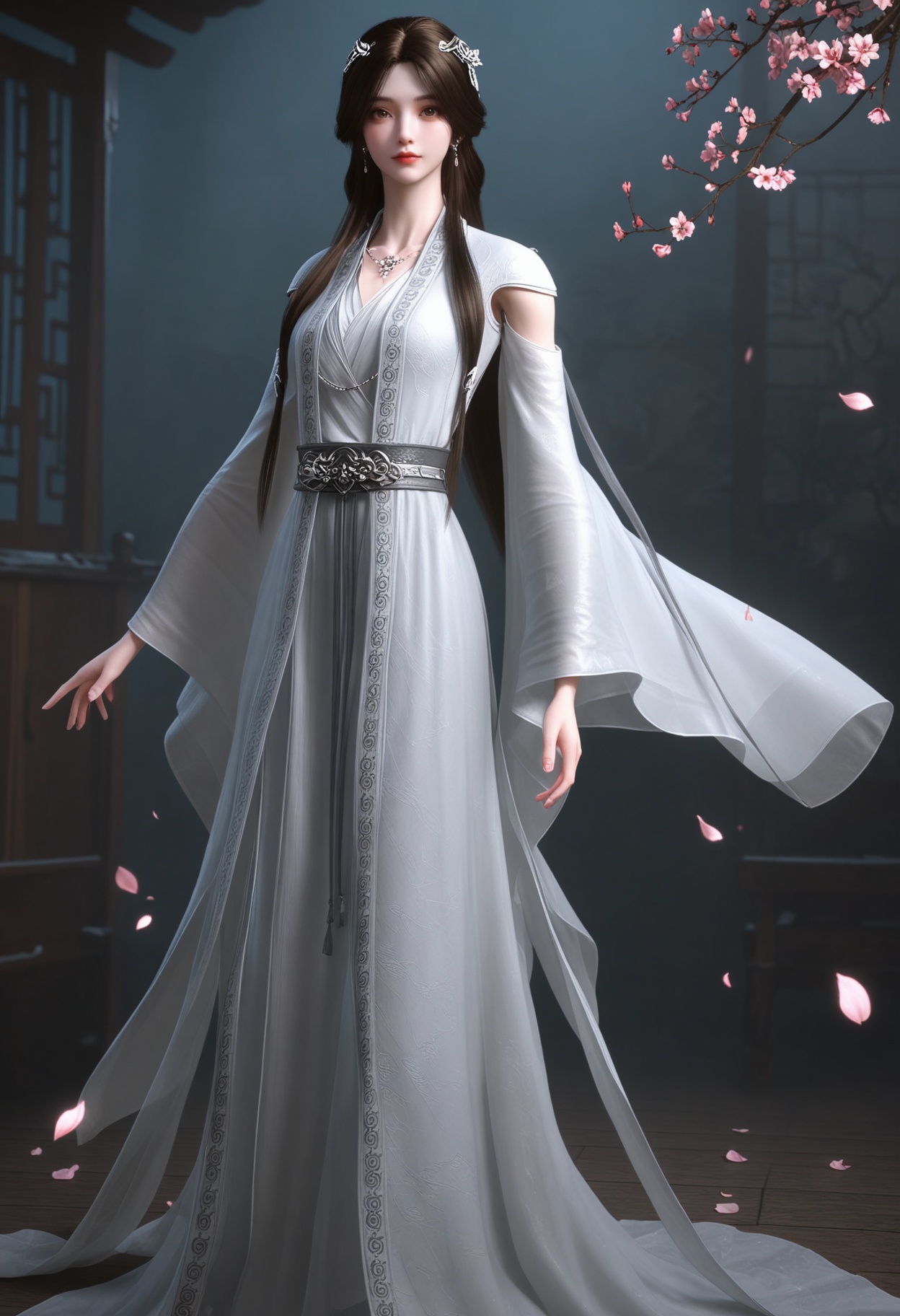 (standing full_body:1.1),(looking at viewer:1.1),masterpiece,(best quality),smog,Dark room,dim lighting,peach blossom,falling petals,<lora:YQ_Illustrious光辉v5_雨馨2.0_V2:0.8>,q1528437228,1girl,solo,long hair,hair ornament,jewelry,earrings,dress,brown hair,white dress,necklace,black hair,brown eyes,chinese clothes,long sleeves,detached sleeves,wide sleeves,hair bun,