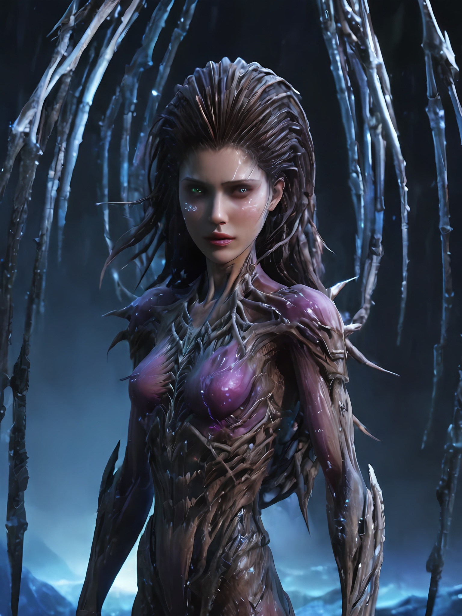 (full body:1.5),((Best quality)),((Masterpiece)),high face details,8k,cyberpunk,(ice tree:1.3),1girl,dramatic lighting,high contrast,sultry expression,Detailed texture,frozen planet,kerrigan,<lora:kerrigan-sdxlv1:1.1>,