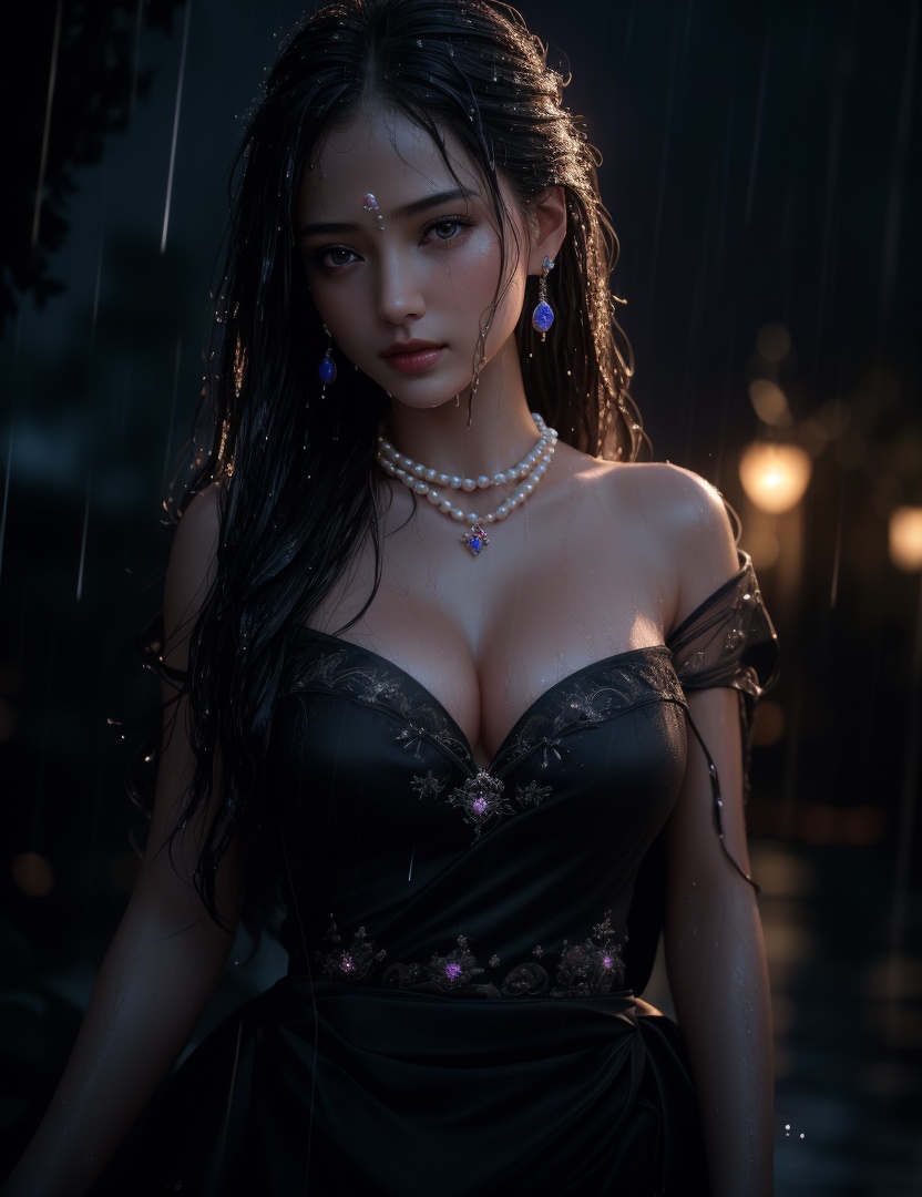 (,1girl, ,best quality, ),looking at viewer, ,ultra detailed 8k cg, ultra detailed background,  ultra realistic 8k cg,          cinematic lighting, cinematic bloom, (( , )),,  , unreal, science fiction,  luxury, jewelry, diamond, pearl, gem, sapphire, ruby, emerald, intricate detail, delicate pattern, charming, alluring, seductive, erotic, enchanting, hair ornament, necklace, earrings, bracelet, armlet,halo,masterpiece, (( , )),,  ,cherry blossoms,(((, night,night sky,,  ultra high res, (photorealistic:1.4), raw photo, 1girl, , rain, sweat, ,wet, )))(( , ))   (cleavage), (),