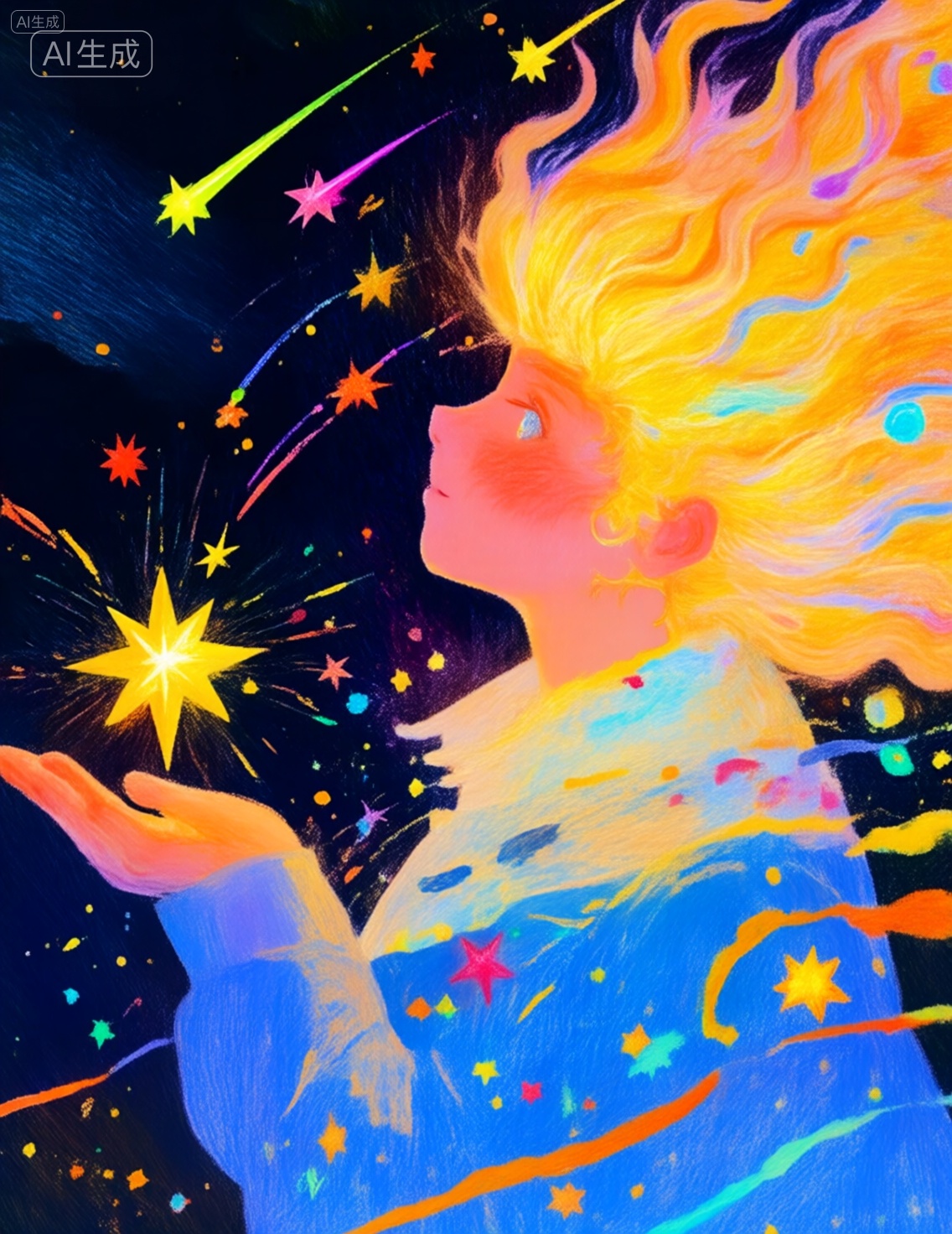 cxs,这幅图像展示了一位人物的侧面肖像,其头发呈现出火焰般的金黄色,仿佛在燃烧,人物穿着一件蓝色的衣服,背景是深邃的夜空,点缀着五彩斑斓的星星和流星,人物的手掌中似乎握着一颗发光的星星,周围环绕着各种颜色的光点和线条,营造出一种梦幻而神秘的氛围,整体画面色彩鲜艳,充满了想象力和艺术感,, Negative prompt: ng_deepnegative_v1_75t,(badhandv4:1.2),EasyNegative,(worst quality:2),,nsfw, Steps: 30, Sampler: Euler, CFG scale: 5.0, Seed: 1181196577, Size: 1140x1472, Model hash: 98763a1277, Model: Qwen-Image_1.0.safetensors, Denoising strength: 0, RNG: CPU, Lora 1: dtrtyy6u, Lora Hash 1: ed08c0a356, Lora Weight 1: 1.0, vae_name: automatic