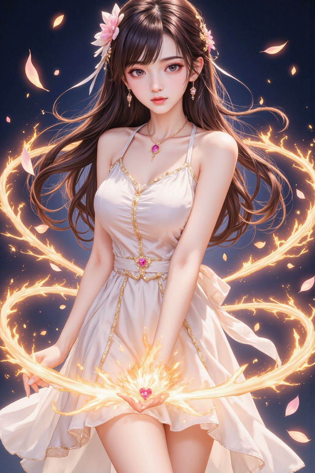 1girl,solo,upper body,dress,electricity,fire,flower,petal,flowing hair,gem,neatly circled around the girl in a single direction,wrapped in flames,abstract,