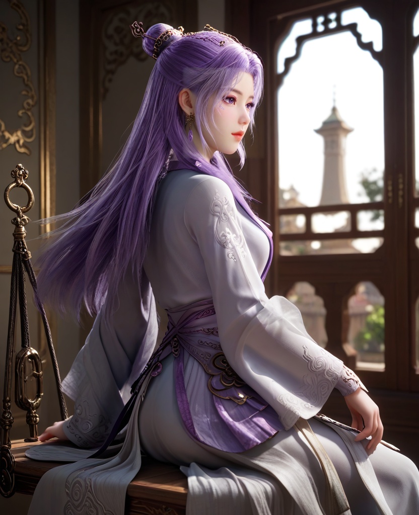 (oriental architecture, elegant decor, sophisticated style:1.1),(Sitting on a swing with legs extended, looking back,:1.1),(breasts:1.2),<lora:XL师兄啊云霄:0.95>,miss yunxiao,chinese clothes,purple hair,purple eyes,a mark under the left eye,single hair bun,long sleeves,earrings,hairpin,sash,, score_9,score_8_up,score_7_up,score_6_up,score_5_up,score_4_up,3d rendering,tag1,tag2, Cinematic Lighting,backlighting,