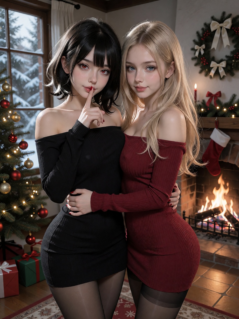 Two anime-style female characters (no named characters identified) in a Christmas-themed room. The black-haired character...