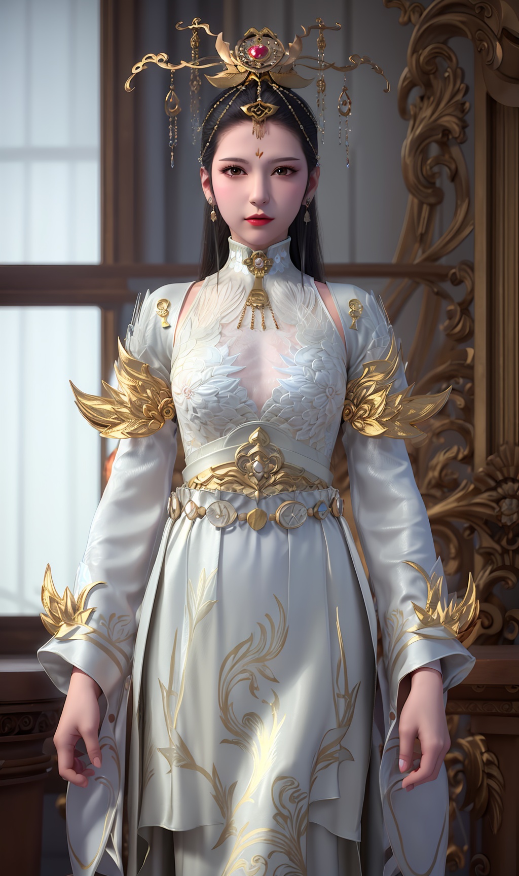 3D,masterpiece,(best quality),(makeup),official art, extremely detailed cg 8k wallpaper,((crystalstexture skin)), (extremely delicate and beautiful),(highly detailed),(face),(collar),(gold_trim),((tiara)),(headdress),feather,(facial_mark),(floating),(floating_object),gem,(princess0),(crown),(headpiece),(headdress),(cape),(horned_headwear),(long_sleeves),(1girl), (solo), (jewelry), (earrings),(black_hair),(long_hair),(hair_ornament),(handwear),(breasts),((standing)),((upper_body)),(closed_mouth),(long_skirt),(chinese_clothes),(dress),,(multicolored_clothes),(multicolored_dress),(shiny_clothes),(city,indoor,bed),(robe),(thighs),((looking_at_viewer)),((Facing the camera)),, <lora:hipoly3DModelLora_v10:0.3>