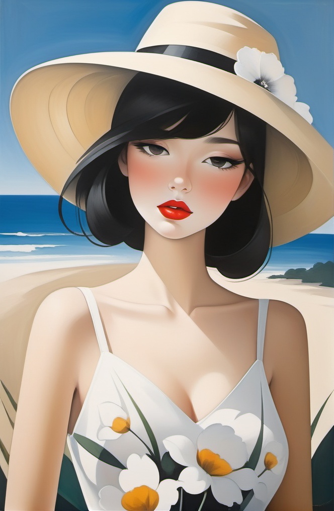 <lora:inset02-000016:0.6>，1girl, solo, breasts, blush, short hair, bangs, black hair, hat, dress, cleavage, medium breasts, closed mouth, standing, collarbone, closed eyes, flower, sleeveless, white dress, makeup, sleeveless dress, shadow, white headwear, floral print, white flower, lipstick, facing viewer, sun hat, arms at sides, red lips, sundress
