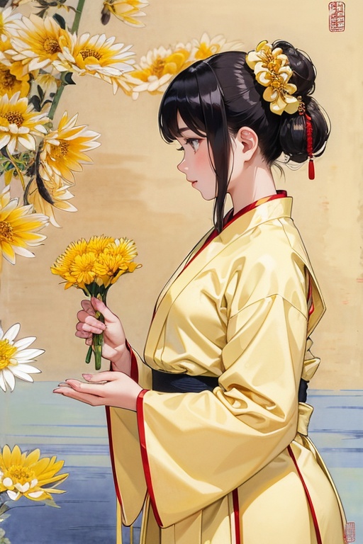 gongbihua, masterpiece,  a painting, 1girl, ((side profile, upper body)), ((background is a lot of yellow chrysanthemum and leafs)), pale skin, long eyelashes,  (wear yellow Chinese Traditional hanfu:1.3),  (hair scrunchie:1.2) <lora:gongbi:1>