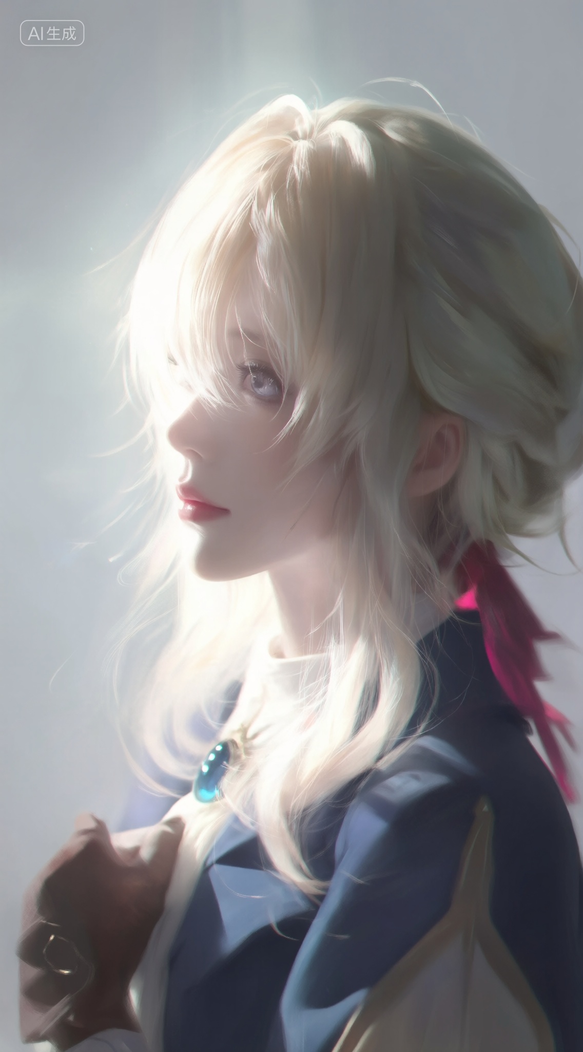 a digital illustration shoot from a profile camera angle about a portrait of a young woman with long,wavy,platinum blonde hair,wearing a dark blue outfit with a white shirt and a pink ribbon tied around her neck,the image also shows a soft,ethereal light illuminating her face and upper body,on the middle of the image,a 1girl,who appears to be nier:automata,is facing the viewer,with her eyes closed and a serene expression,she is wearing a blue jacket with a high collar and a blue necklace with a teardrop-shaped pendant,her hair is styled in a long,flowing manner,and her hair color is platinum blonde,the background is a gradient of light blue to white,with soft,diffused light that creates a dreamy atmosphere,on her head,a large,feathered hat with a feather-like design is visible,adding to the overall sense of mystery and elegance,the overall mood is soft and ethereal,with a focus on the characters delicate features and the soft,dreamy lighting that accentuates her features,, Negative prompt: ng_deepnegative_v1_75t,(badhandv4:1.2),EasyNegative,(worst quality:2),,nsfw, Steps: 30, Sampler: Euler, CFG scale: 4.0, Seed: 803824493, Size: 1142x2048, Model hash: 9768b098f7, Model: ZOZ_v1.0.safetensors, Denoising strength: 0, RNG: CPU, Lora 1: ZOZ_国风_情绪插画, Lora Hash 1: 1e2d4a17ce, Lora Weight 1: 0.8, vae_name: automatic