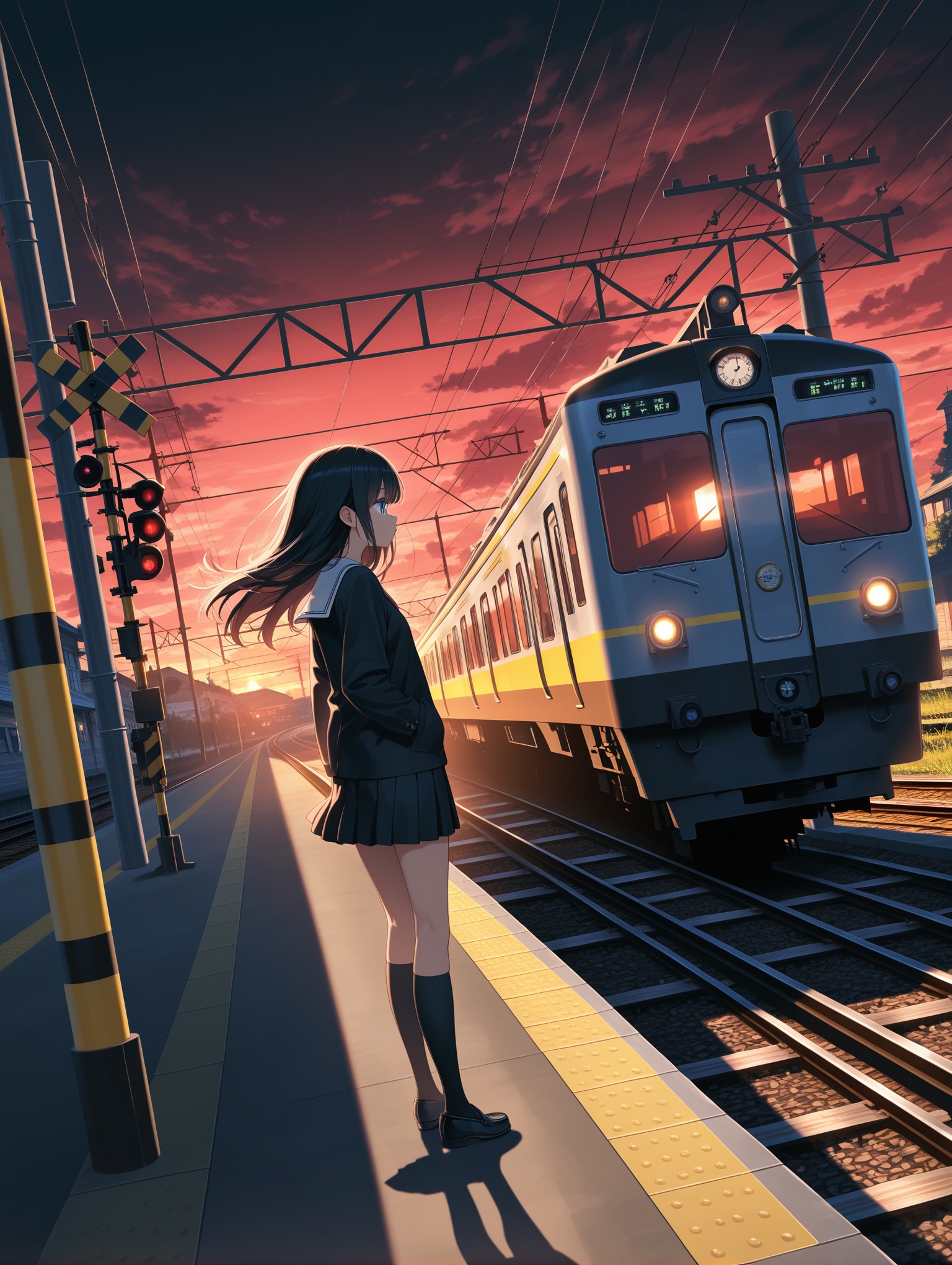 1girl,original,backlighting,black footwear,black hair,black jacket,black skirt,black socks,cloud,cloudy sky,dutch angle,from behind,from side,jacket,long hair,parted lips,power lines,profile,railroad tracks,shadow,skirt,sky,socks,solo,standing,train,train station,wide shot,sunset,building,shoes,blue eyes,scenery,hand in pocket,wind,miniskirt,evening,long sleeves,serafuku,railroad crossing,pleated skirt,utility pole,kneehighs,looking away,overhead line,loafer,black theme,red sky,outdoors,school uniform,A young girl standing on a train platform at sunset. she is wearing a blue dress and has long dark hair that is blowing in the wind. the sky is filled with orange and pink hues,indicating that it is either sunrise or sunset. the train tracks are visible in the foreground,and there are power lines running along them. on the right side of the image,there is a building with a clock tower in the background. the girl appears to be looking out towards the horizon. ,masterpiece,best quality,amazing quality,