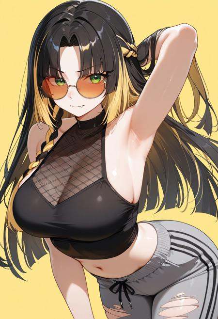 masterpiece,best quality,amazing quality,absurdres, BREAKkoganei niko, 1girl, arm up, armpits, black hair, black shirt, black **** top, blonde hair, blunt ends, braid, closed mouth, curtained hair, fang, green eyes, grey pants, halter shirt, halterneck, long hair, looking at viewer, midriff, multicolored hair, orange-tinted eyewear, pants, round eyewear, see-through clothes, see-through shirt, shirt, side braid, simple background, skin fang, sleeveless, sleeveless shirt, solo, straight hair, streaked hair, sunglasses, sweatpants, **** top, tinted eyewear, torn clothes, torn pants, virtual youtuber, yellow background