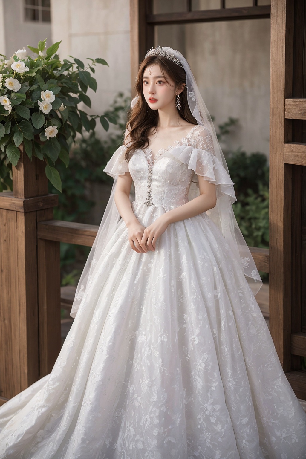 Best Quality,Masterpiece:1.4),(Realism:1.2),(Realisitc:1.2),4K,(photorealistic:1.3),1girl, white wedding dress,long dress,outdoors, flower,  jewelry,print,(Long Wavy Hair),hunsha,veil,Earrings,Jewelry,Tindal Light,<lora:YG梦中婚纱3:0.7>,