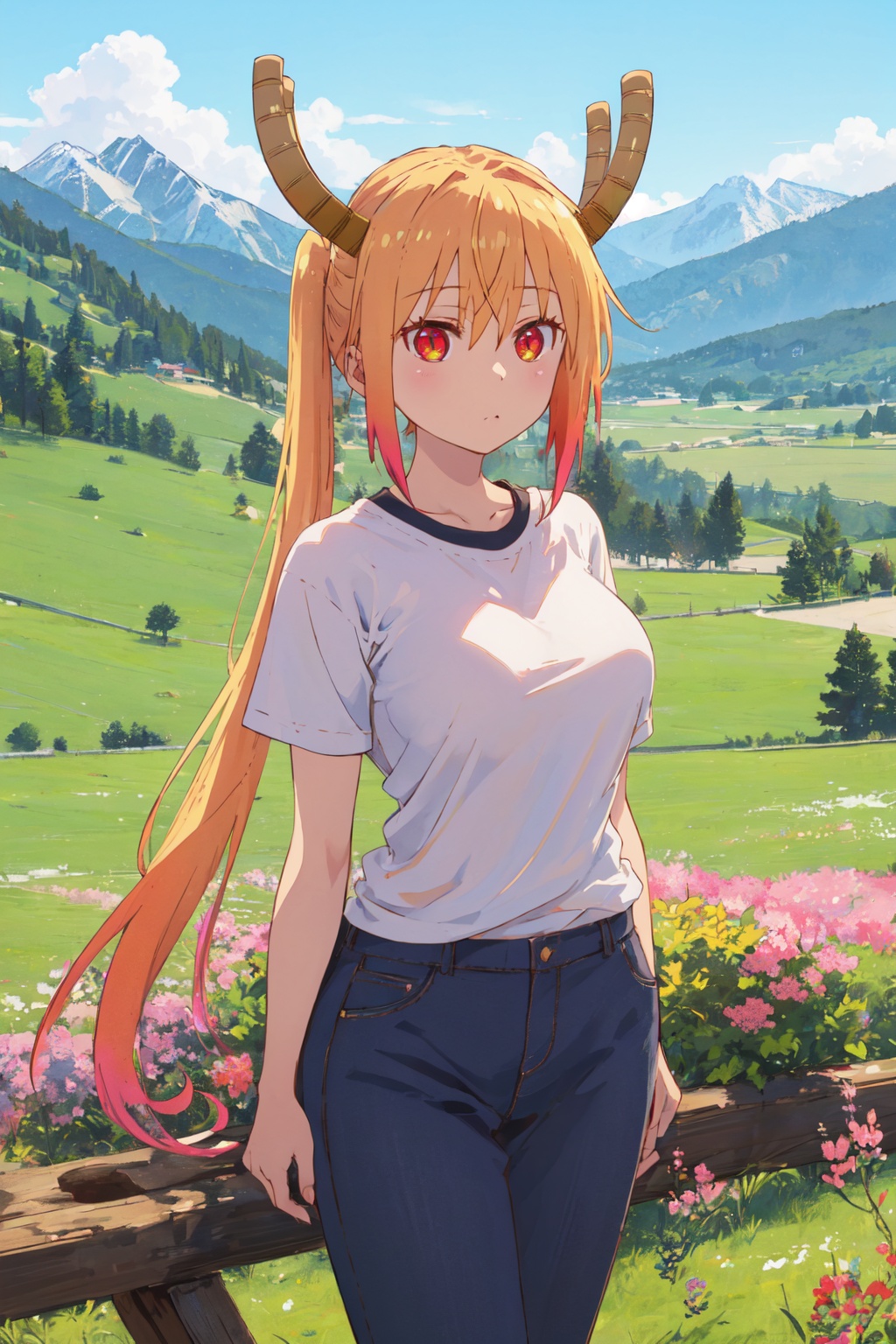 <lora:Tooru-000009:0.8>,Tooru CYQL,1girl,looking at viewer,solo,dragon girl,blonde hair,long hair,twintails,multicolored hair,gradient hair,hair between eyes,dragon horns,slit pupils,red eyes,breasts,large breasts,dragon tail,large tail,Tapered trousers, t-shirt, and mules.,:d,panorama,High above, a vast meadow stretches to the horizon, dotted with wildflowers. Cattle and sheep graze leisurely while snow-capped mountains encircle the scene in the distance,beautiful detailed sky,beautiful detailed glow,posing in front of a colorful and dynamic background,masterpiece,best quality,beautiful and aesthetic,contrapposto,female focus,wallpaper,