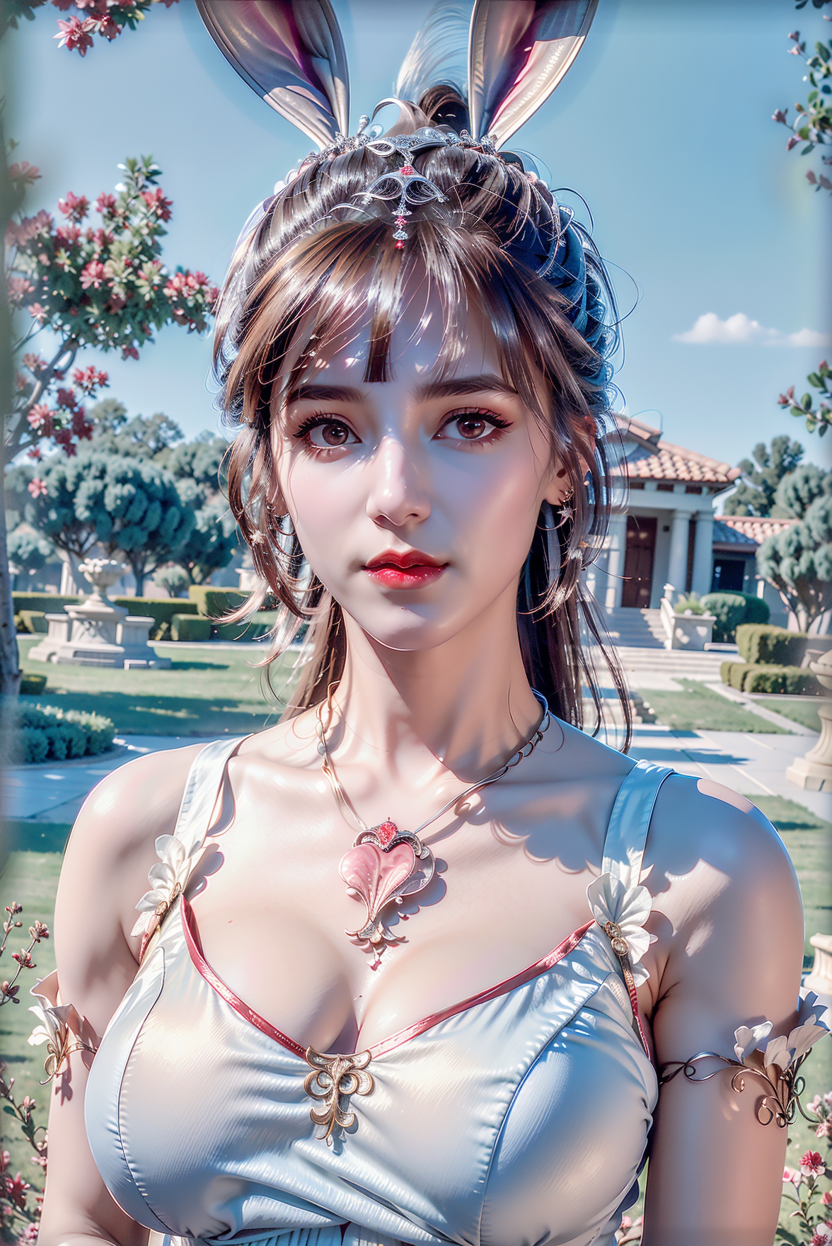 (8k, RAW photo, best quality, masterpiece:1.2),beautiful),1girl,portrait, dress,,solo,,earrings,jewelry,closed mouth,huge breast,collarbone,red lips,(rabbit ears,long hair,ponytail,White underwear),outdoors,,perfect hand,,,looking at viewer, <lora:wu8-000005:0.8>