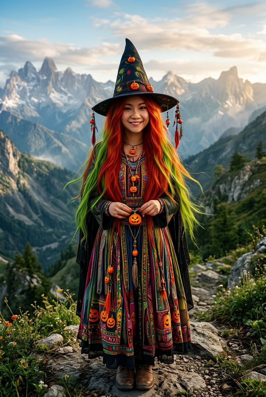 tot_halloweenaa witch girl,  long gree red hair,  in a mountain on Tensor.Art