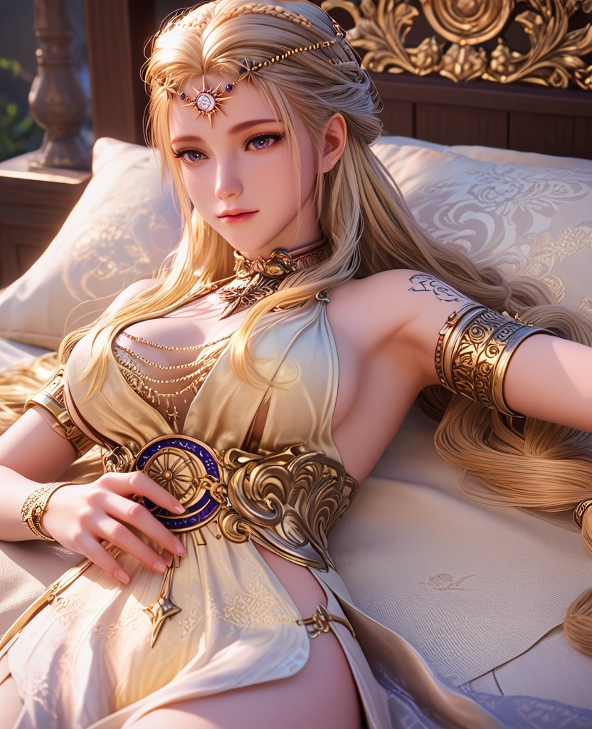 (oriental architecture, elegant decor, sophisticated style:1.1),(sunbathing:1.1),envy,(large breasts:1.2),<lora:XL16永劫无间席拉:0.95>,miss xila,light yellow high-low dress,blue eyes,circlet,blonde hair,braid,long hair,sash,jewelry,armlet,golden tattoo of holy seal,, score_9,score_8_up,score_7_up,score_6_up,score_5_up,score_4_up,3d rendering,tag1,tag2, Cinematic Lighting,backlighting,