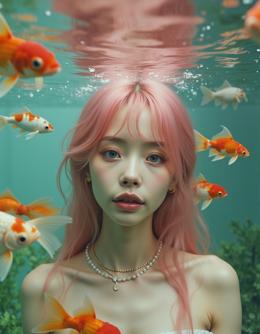 polaroid portrait photography,Irene,sen,fine detail,,This surreal underwater portrait captures a 20-year-old woman with exquisite details and incredible beauty. She opens her eyes wide, calmly and peacefully looking straight at the camera, with delicate and clear facial features. Her rose-colored cheeks and lips add warmth to her appearance. Her body is slightly turned to one side, revealing her slender figure. Many orange and white goldfish swim in various directions around her, creating a lively and harmonious atmosphere. Soft and natural lighting highlights the bright colors of the goldfish and the subtle details of her clothing. The blurry background directs the focus towards the theme while implying an underwater environment filled with aquatic life. In an underwater tree hole surrounded by green leaves and sprouting branches, she is depicted with irregular necklaces and clothing designs that create a surreal visual effect. Mirror elements and soft gradient colors explore the intersection and reflection between different dimensions, symbolizing the fusion of technology and nature. Her long, flowing, shiny pink hair cascades down, and her blue eyes convey curiosity and anticipation for the future. The avant-garde design language and color matching present a surreal and colorful future world. The portrait, taken by the Polaroid portrait photography company add_detail, showcases her upper body with extra-long, shiny pink hair, fluffy hair, and a solo pose with hands on her abdomen. The overall composition is detailed and vibrant, with a starry background and a sense of beauty and wonder.