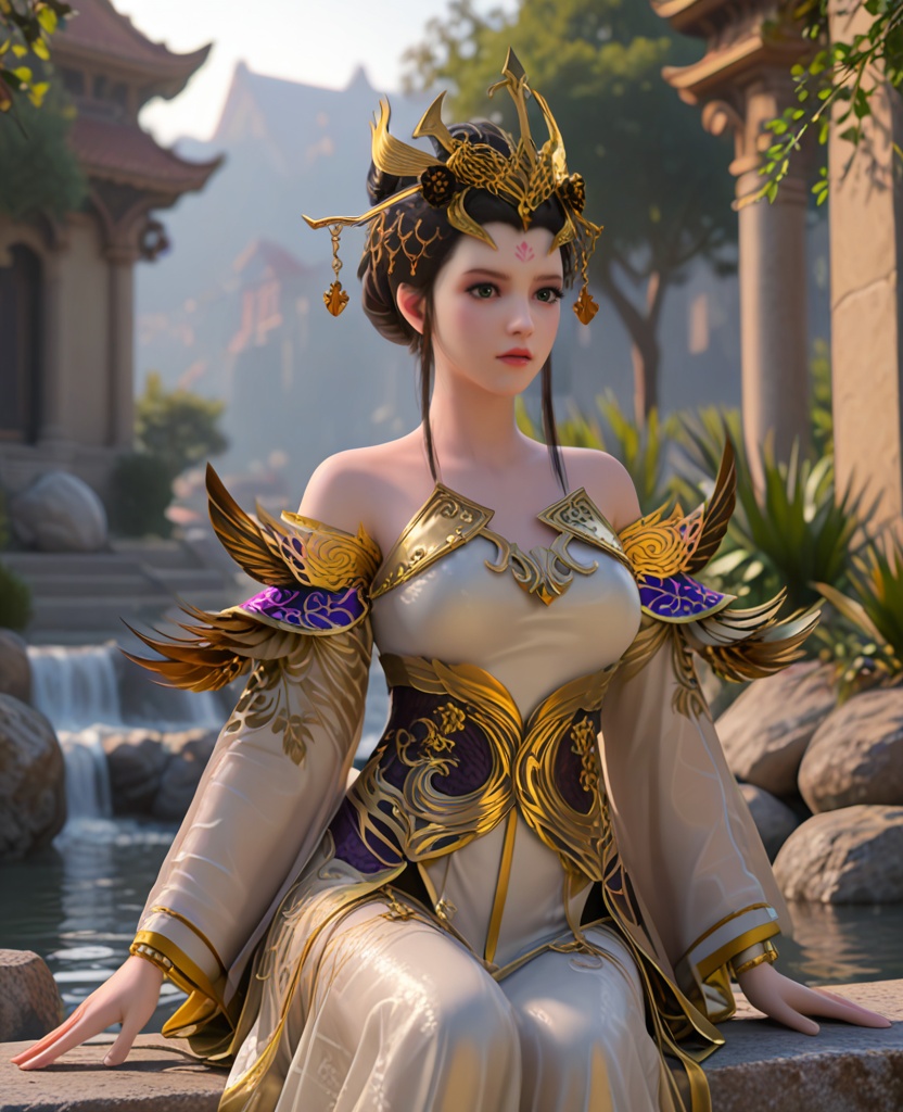 (oriental architecture, elegant decor, sophisticated style:1.1),(Sitting on a rock by a river, dipping fingers in the water, enjoying the tranquility,:1.1),(breasts:1.2),<lora:XL雪鹰领主墨阳琦:0.95>,miss moyangqi,white dress,gold trim,hair ornament,forehead mark,hair bun,earlock,black hair,mesh sleeves,green eyes,sash,see-through overskirt,bracelet,, score_9,score_8_up,score_7_up,score_6_up,score_5_up,score_4_up,3d rendering,tag1,tag2, Cinematic Lighting,backlighting,