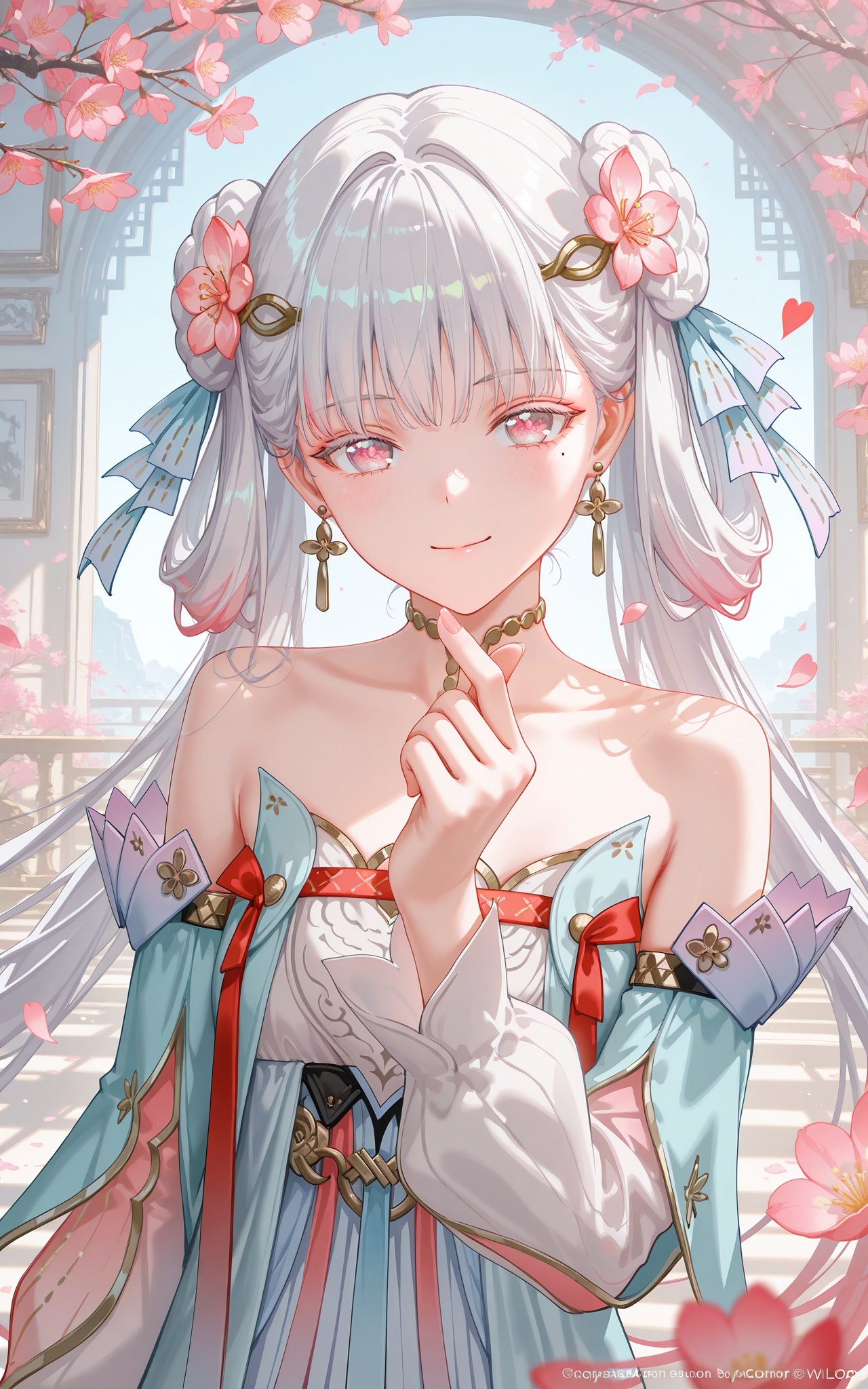 8k,best quality,masterpiece,(ultra-detailed),(high detailed skin),((artist:reoen),(artist:fuzichoco),(artist:atdan),(artist:torino_aqua),year 2024:0.8),[artist:wlop],[artist:ningen_mame],artist:ciloranko,[[artist:rhasta]],artist:tidsean,colorful,<lora:xl-ill-jinhsi_TYZZ(wuthering waves)v1-000010:0.8>,jinhsi:TaoYaoZhuoZhuo\(wuthering waves\),1girl,solo,heart,finger heart,mole under eye,hair ornament,flower,hair flower,mole,jewelry,bare shoulders,smile,looking at viewer,earrings,long hair,dress,pink eyes,detached sleeves,petals,upper body,white hair,blush,holding,hair bun,pink flower,closed mouth,braid,ribbon,pink hair,grey hair,