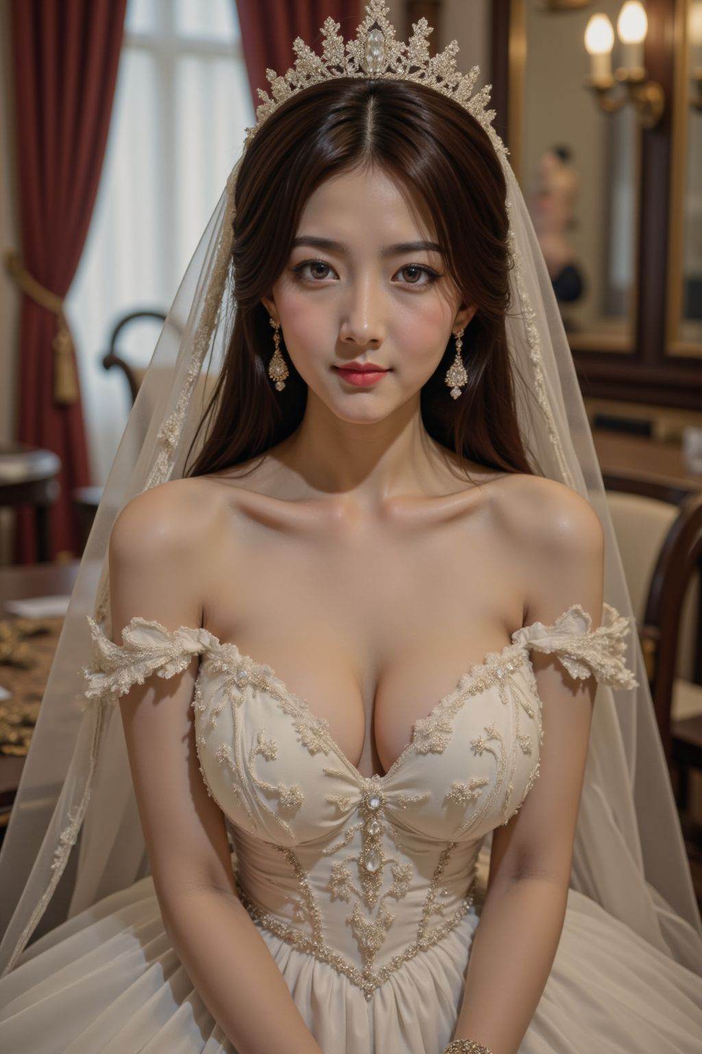 HDR photo of cinematic film still She has huge breasts,Tifa,1girl,solo,long hair,breasts,brown hair,hair ornament,dress,cleavage,jewelry,sitting,earrings,indoors,bracelet,table,tiara,curtains,veil,white dress,wedding dress, . shallow depth of field, vignette, highly detailed, high budget, bokeh, cinemascope, moody, epic, gorgeous, film grain, grainy . High dynamic range, vivid, rich details, clear shadows and highlights, realistic, intense, enhanced contrast, highly detailed