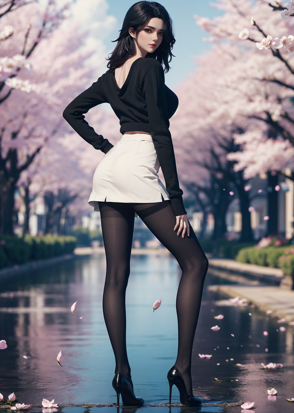 xuanyi,1girl,solo,medium hair,sweater,skirt,(black pantyhose),high heels,standing,(looking at viewer),outdoors,nature,day,sky,cherry blossoms,(petals:1.5),(water:1.3),from side,depth of field,Highly detailed,(ultra-detailed),(best quality:1.5,masterpiece:1.5),<lora:xuanyi-000010:0.8>,