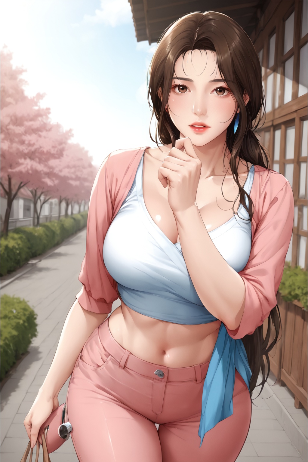 safe_pos,score_9,score_8_up,score_7_up,yuanshen,1girl,breasts,solo,brown hair,brown eyes,parted lips,mature female,very long hair,collarbone,(midriff,pants:1.5),looking at viewer,cowboy shot,nice hands,<lora:pony寄宿日记-张美静:0.8>,(highres, high quality:1.3),intricate details,sharp focus,depth of field,outdoors,sunlight,peach blossom,soft focus,bright skin,Holy lighting,white skin,mature female,overexposure,dynamic pose,dynamic angle,<lora:add-detail-xl:0.5>,mature female,curvy,shiny skin,oiled skin,Expressiveh,